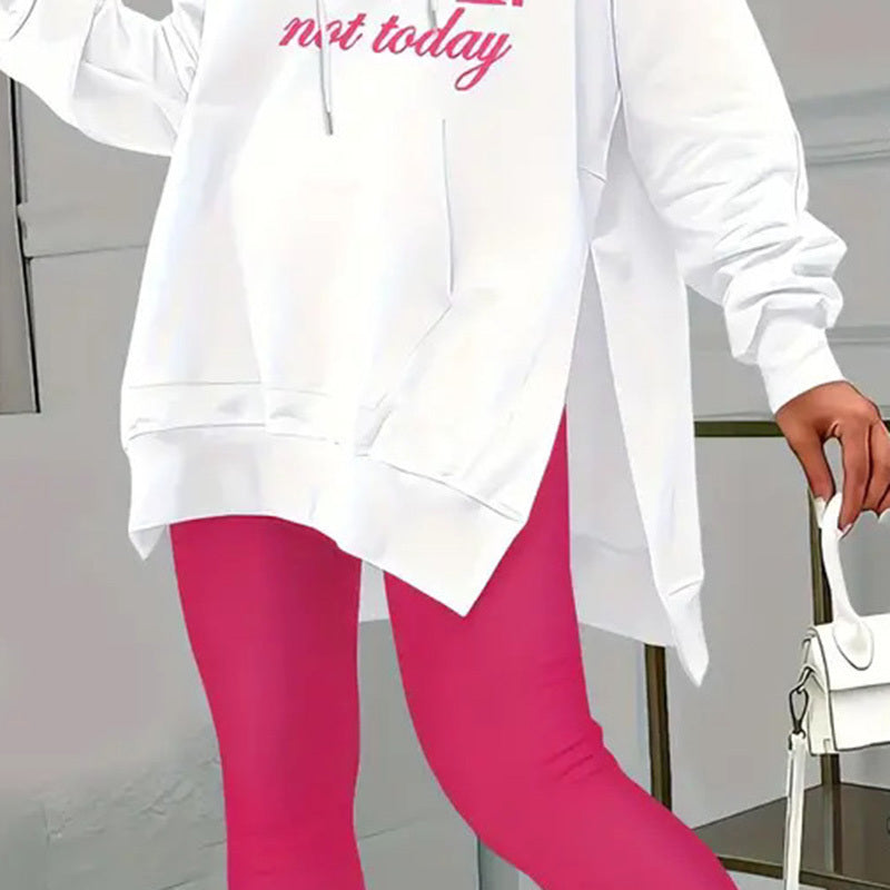 Casual 2-Piece Set Solid Color Leggings & Letter Print Hooded Sweatshirt