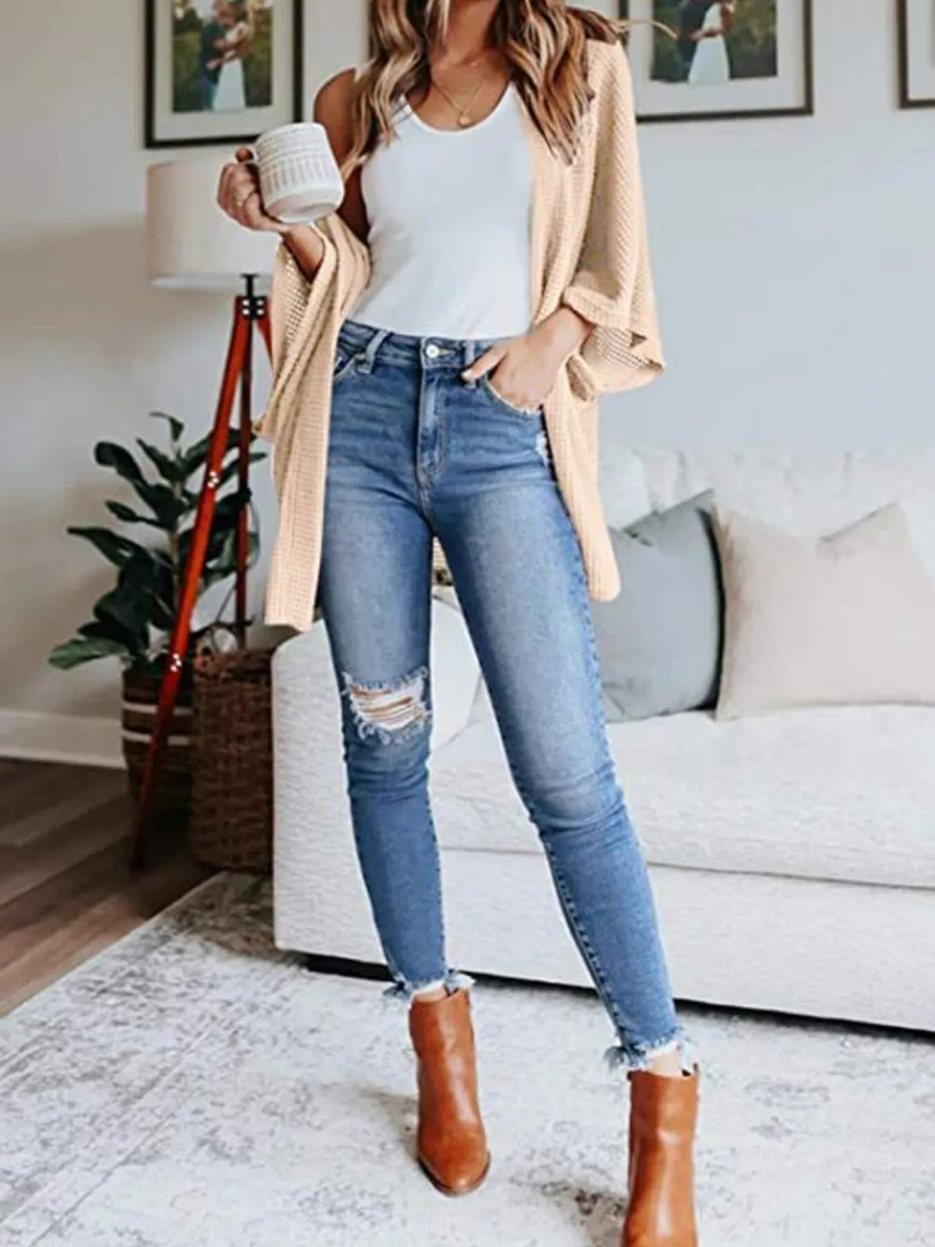 Full Size Open Front Waffle Knit Cardigan Plus Size