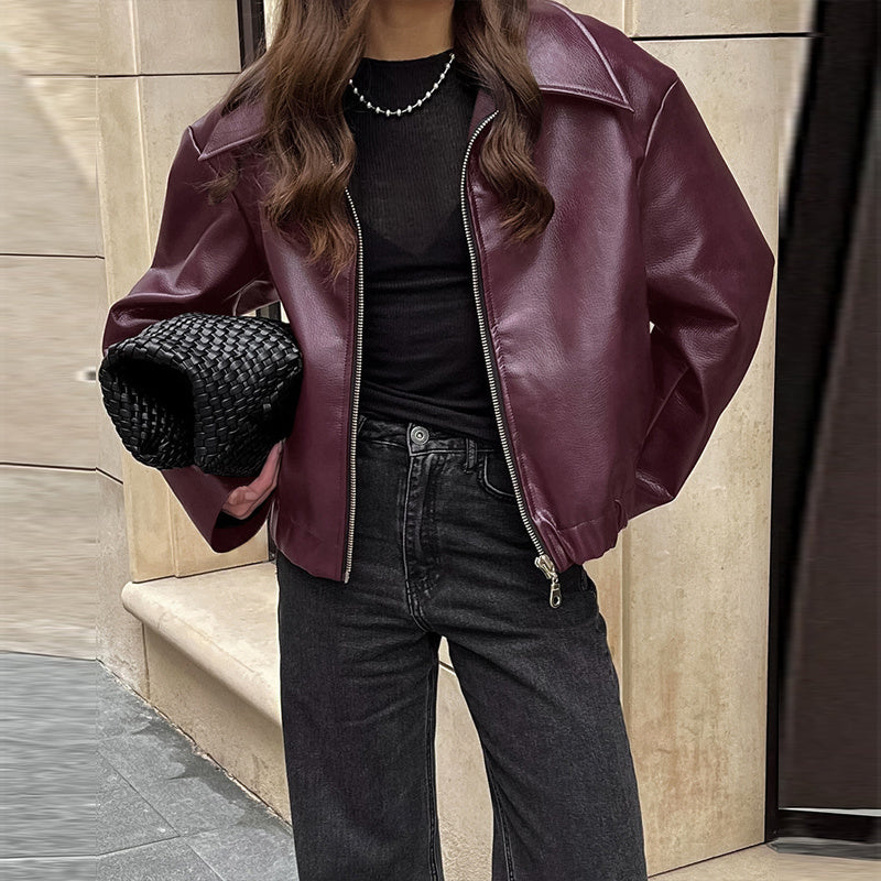 Vintage Style Women's Solid Color Faux Leather Jacket