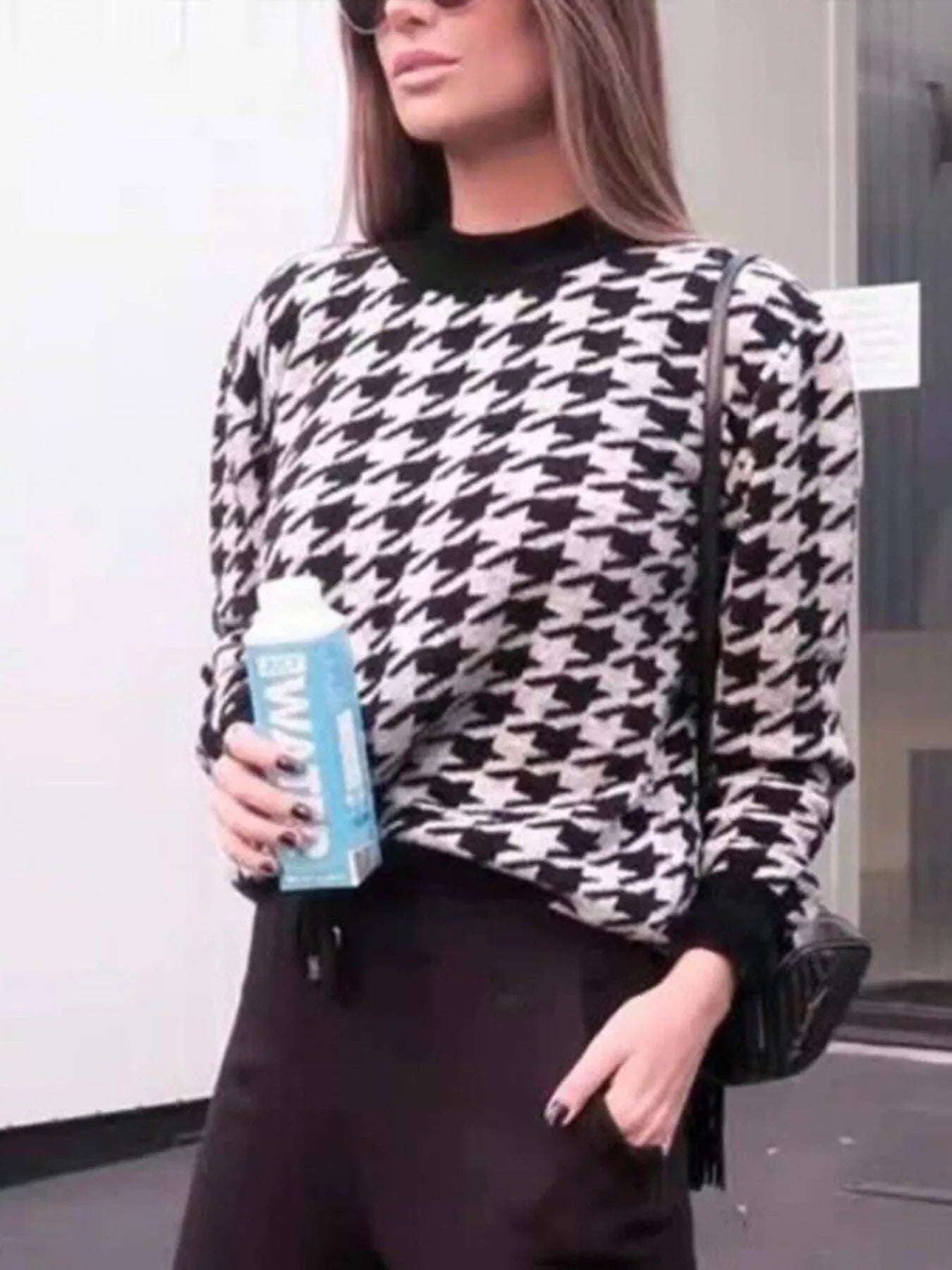 Full Size Houndstooth Pattern Oversized Sweater Plus Size