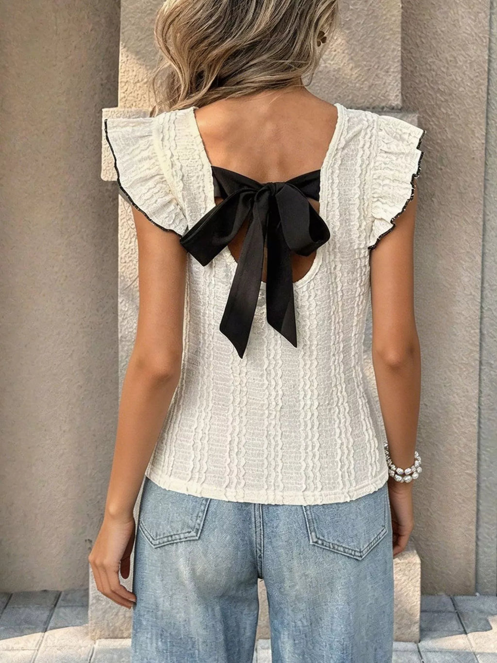 Textured Ruffle Sleeve Slim Fit Top