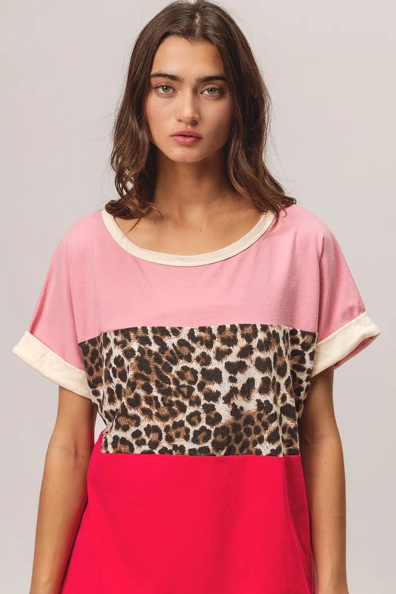 BiBi Leopard Printed Jersey  Color Block Roll Up