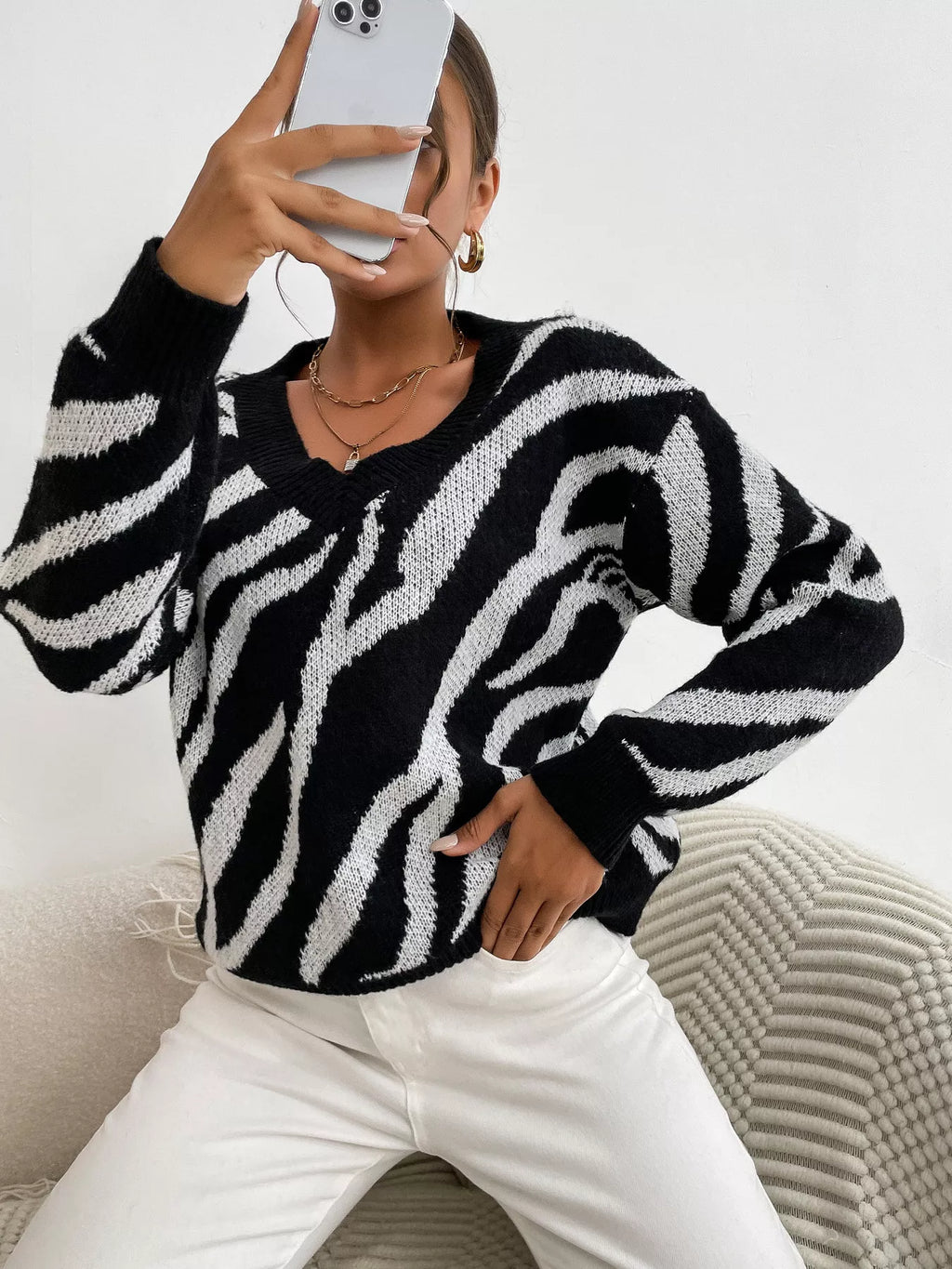 Zebra Print Relaxed Fit Pullover Sweater