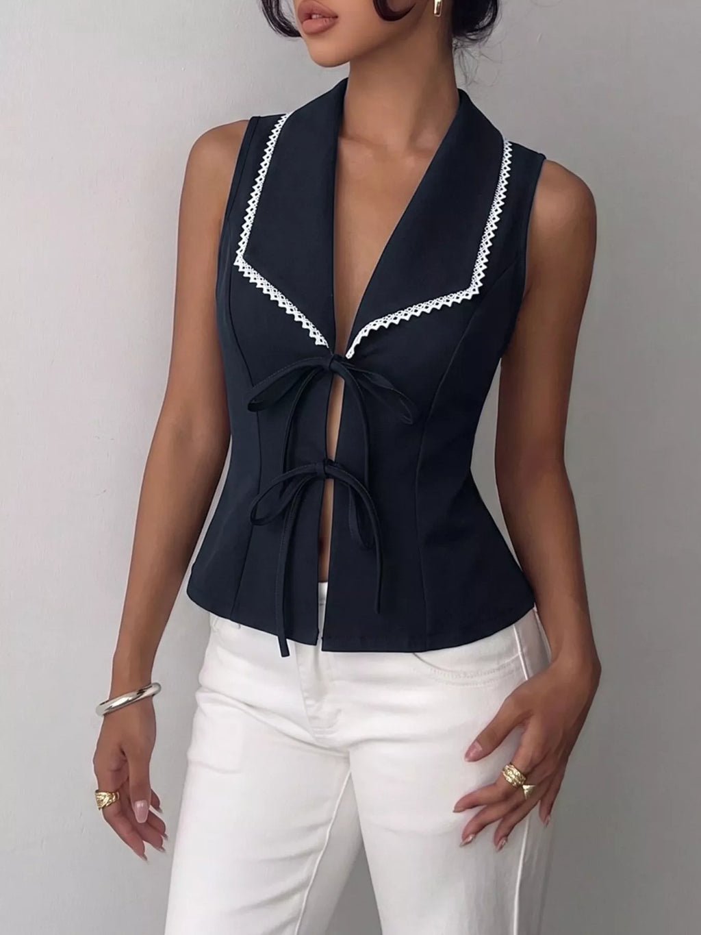 Lace Trim Tie-Front Vest
