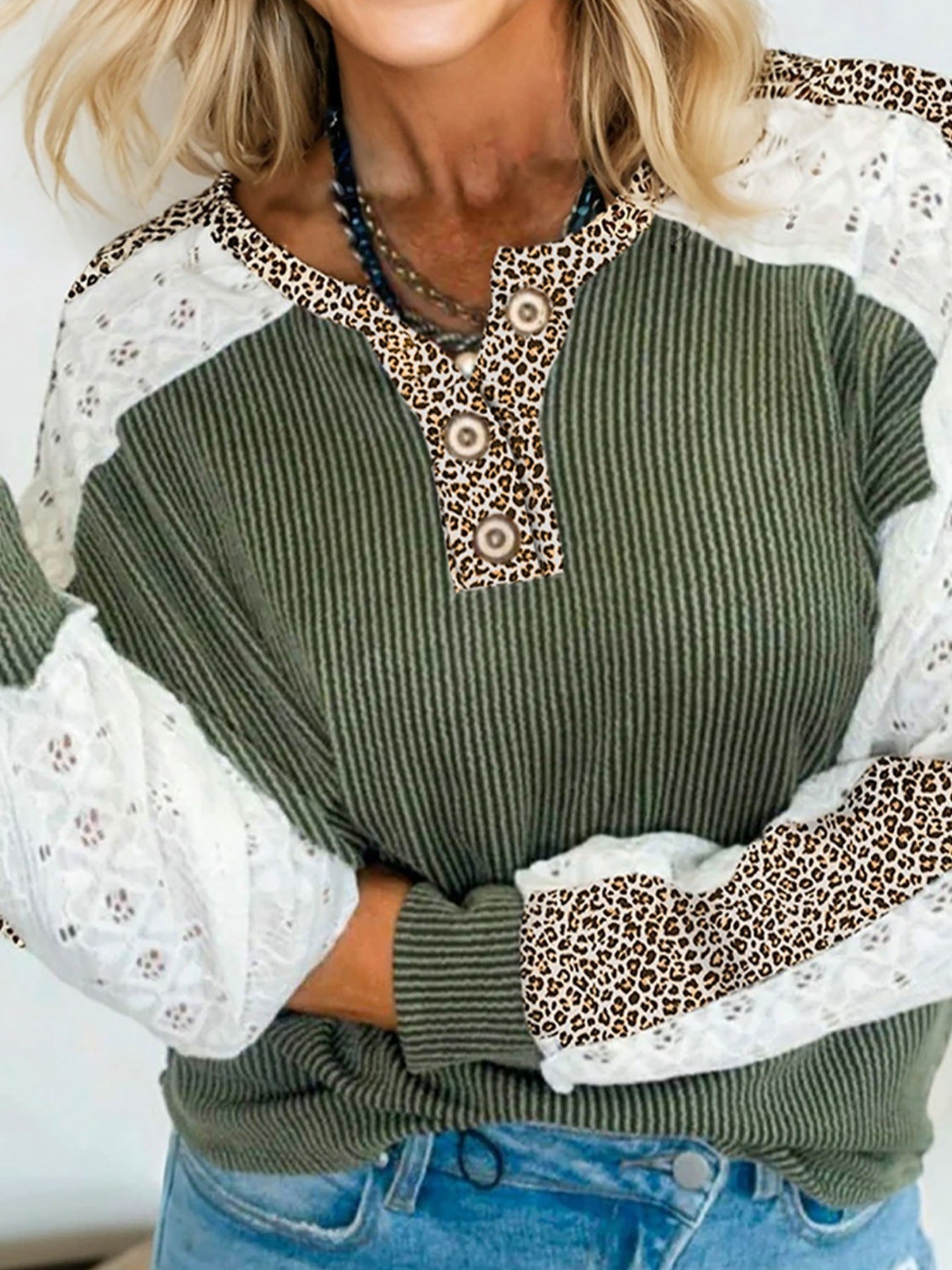 Leopard Trim Raglan Sleeve Top