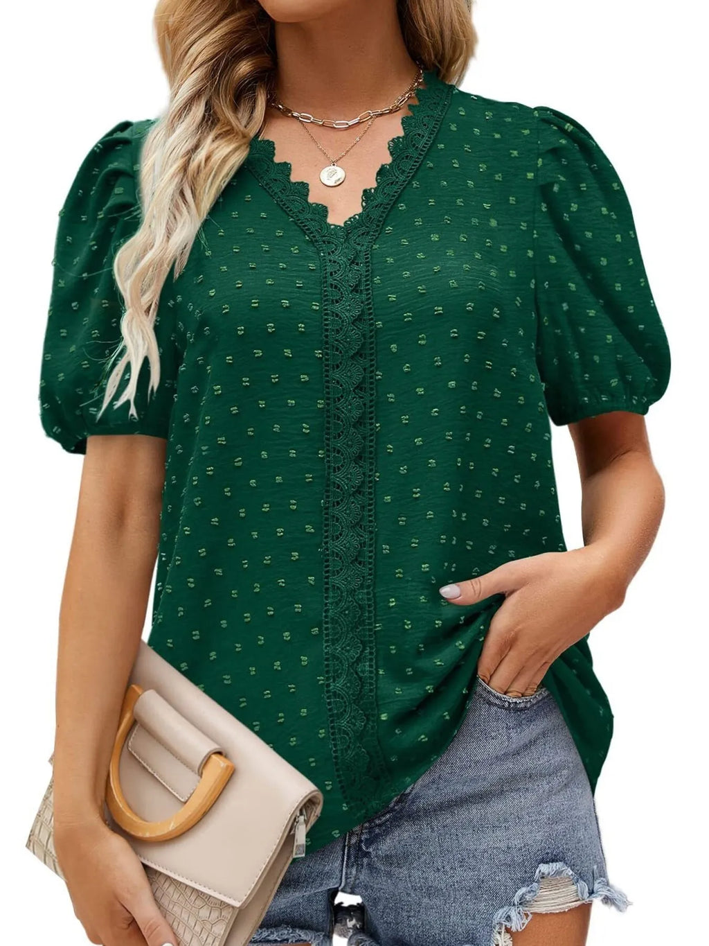 Puff Sleeve Swiss Dot Lace Trim Blouse