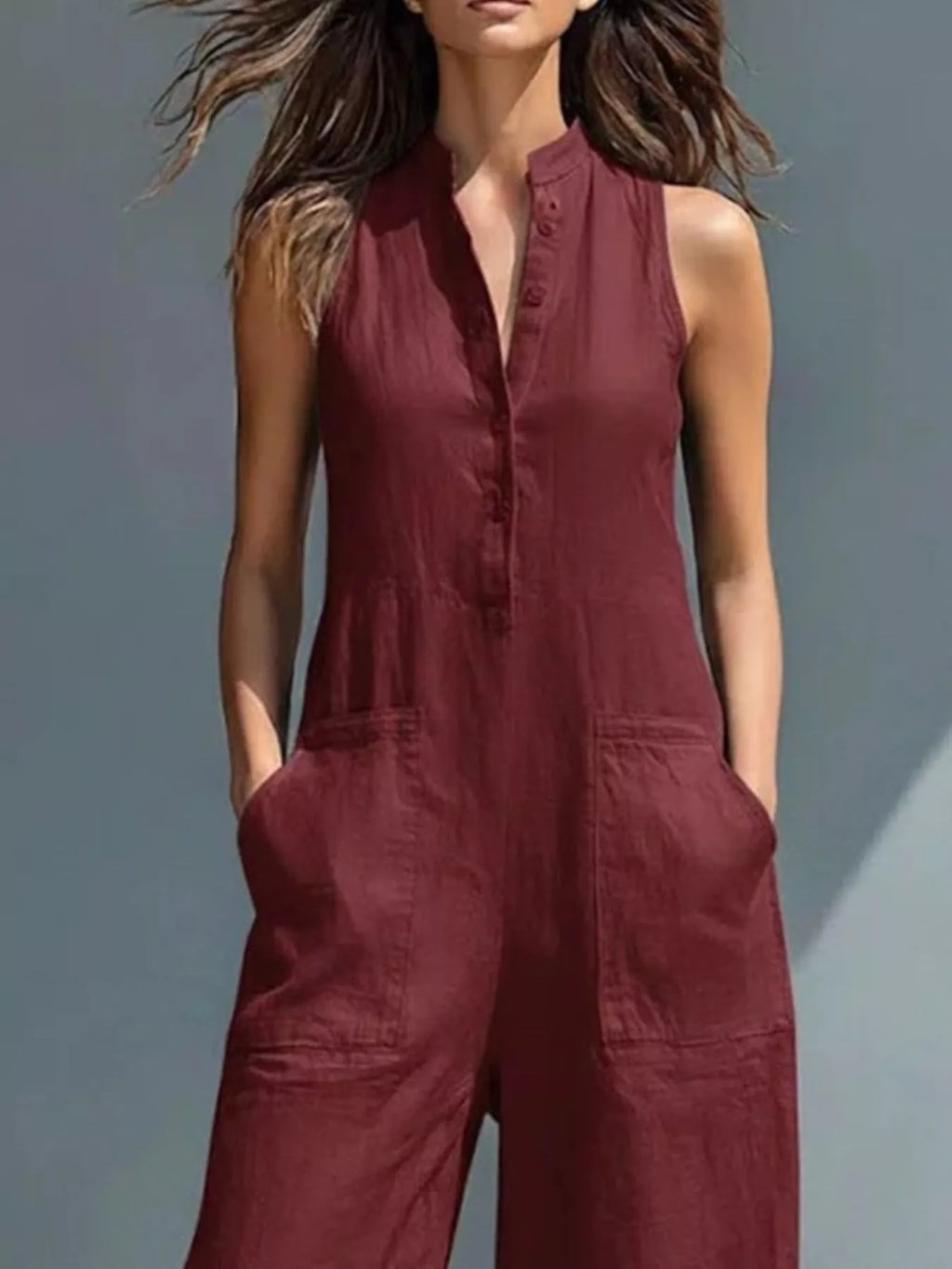 Full Size Button Front Sleeveless Jumpsuit Plus Size