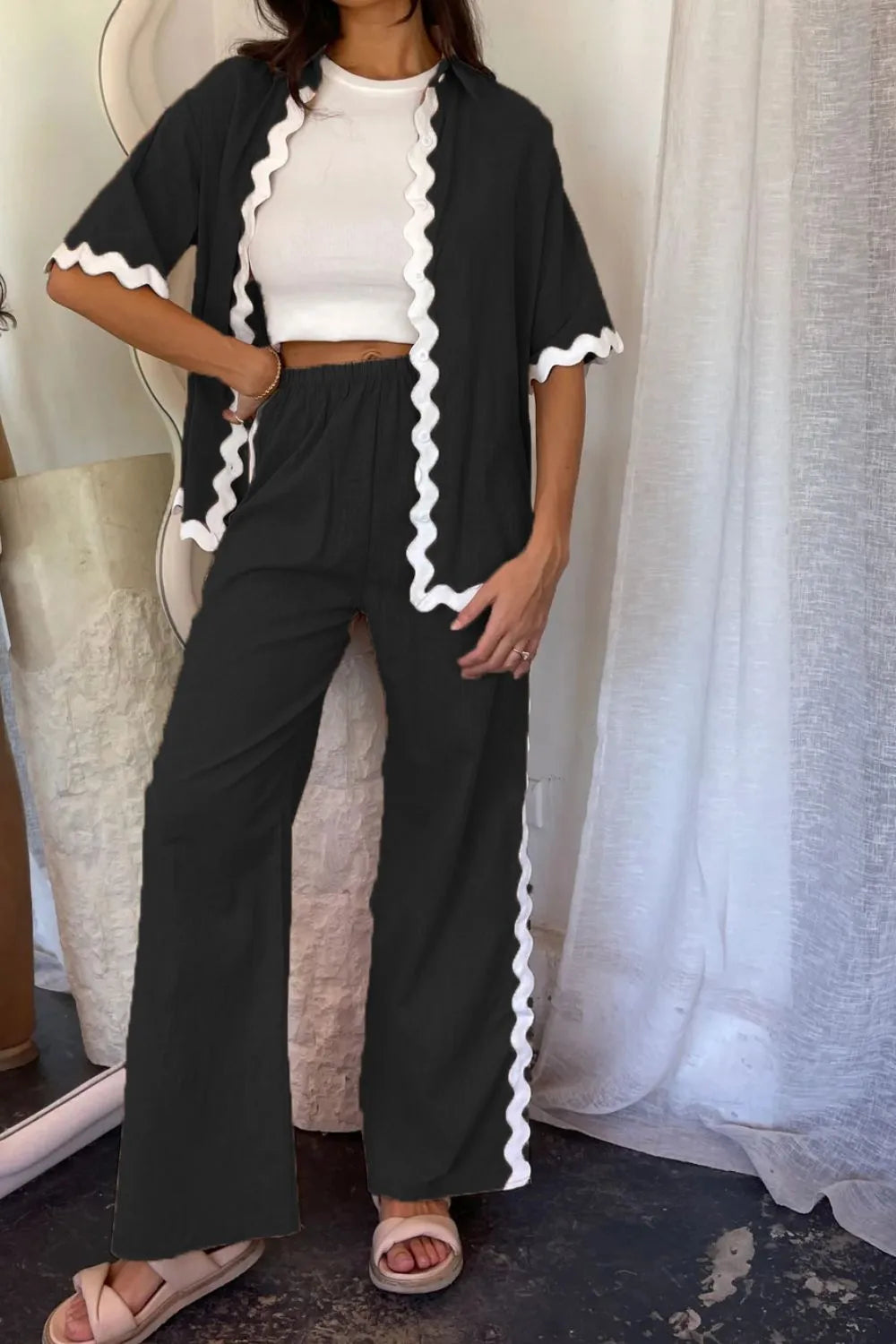Contrast Trim Half Sleeve Top and Pants Set