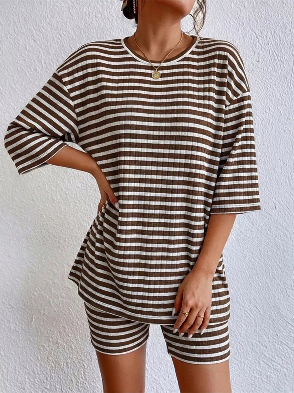 Striped Round Neck Top and Shorts Set