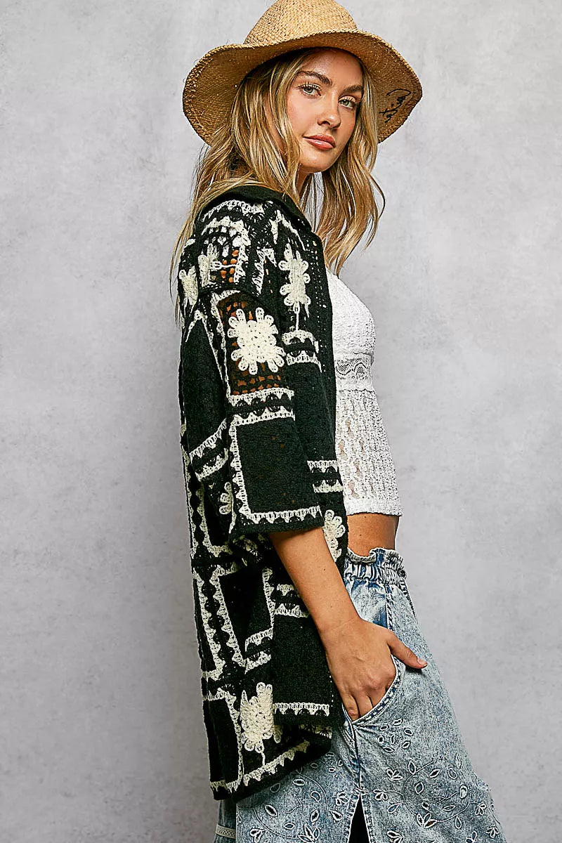POL Button Down Openwork Floral Crochet Shirt with Granny Square Pattern