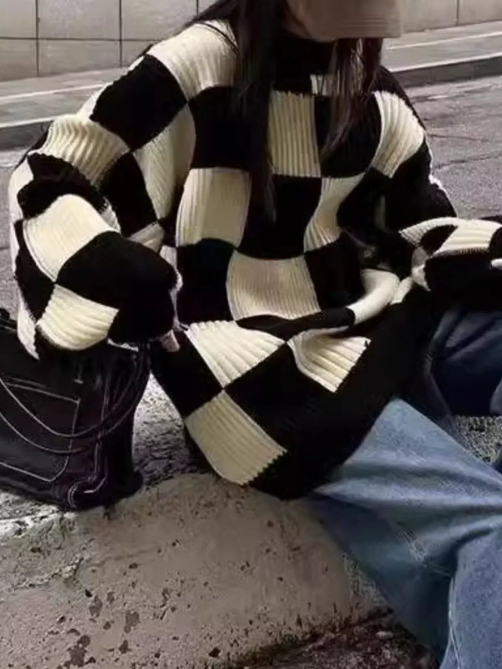 Checkerboard Pattern Oversized Sweater