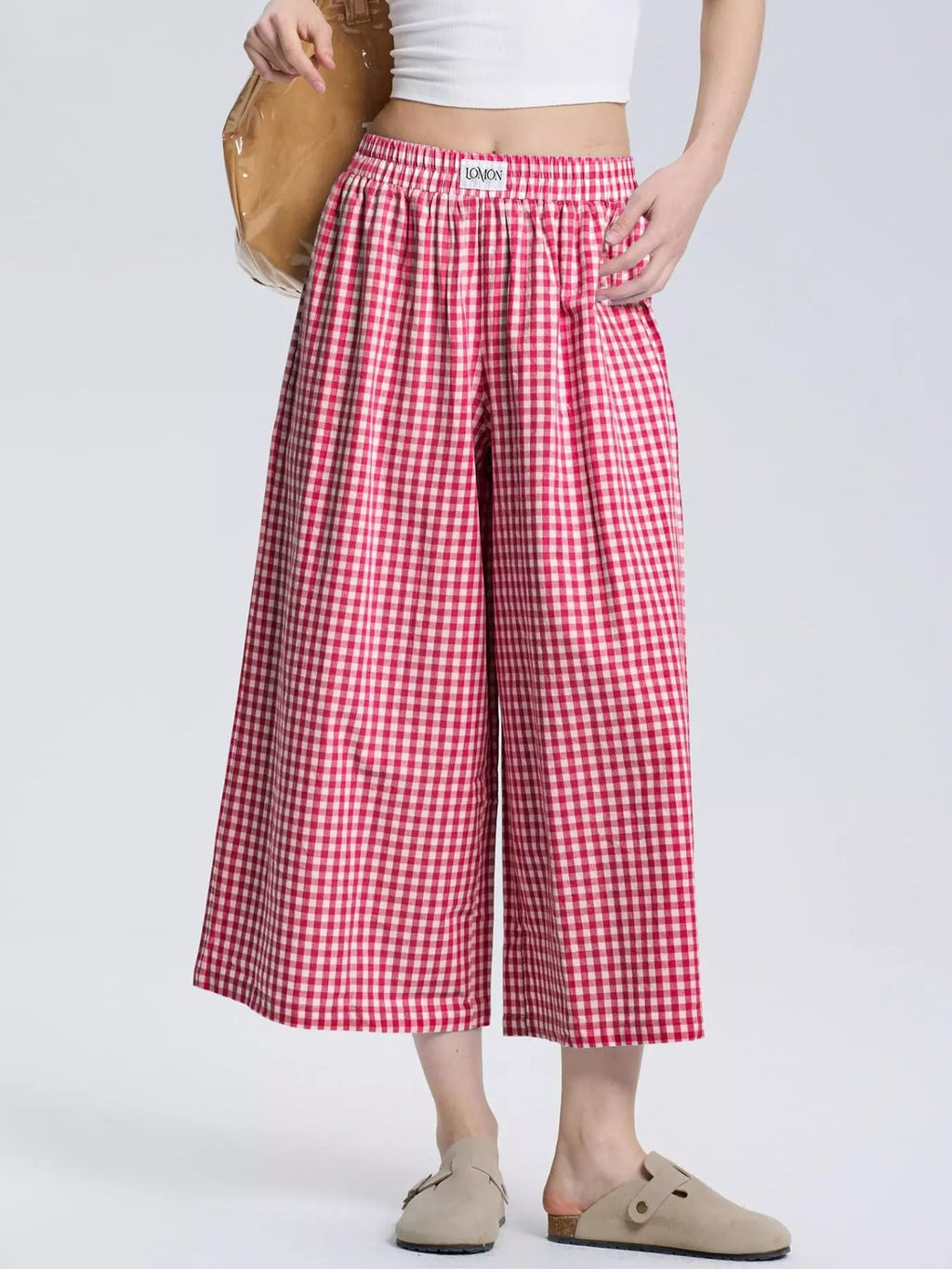 Gingham Wide-Leg Cropped Pants