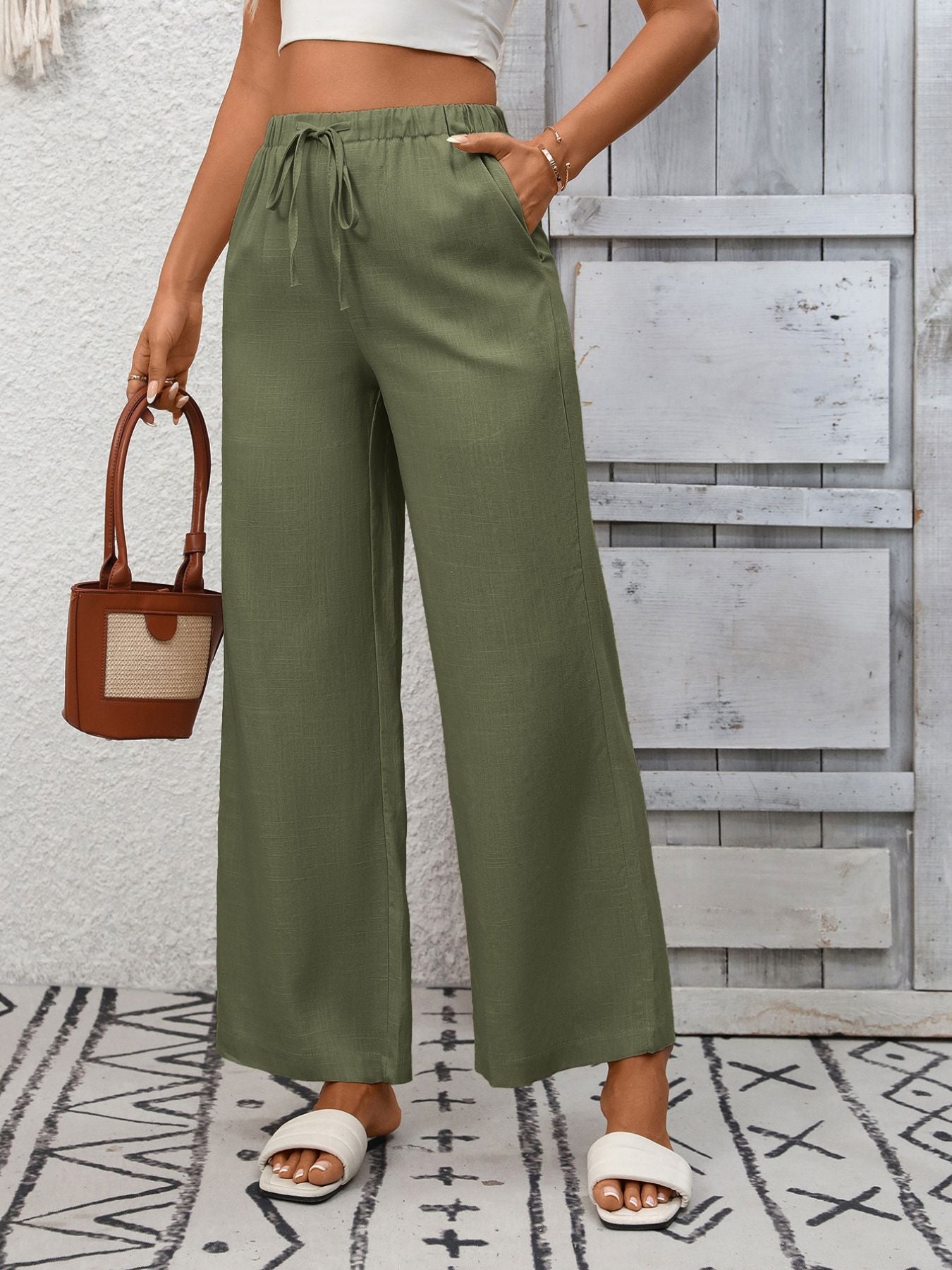 Drawstring High Waist Wide Leg Pants