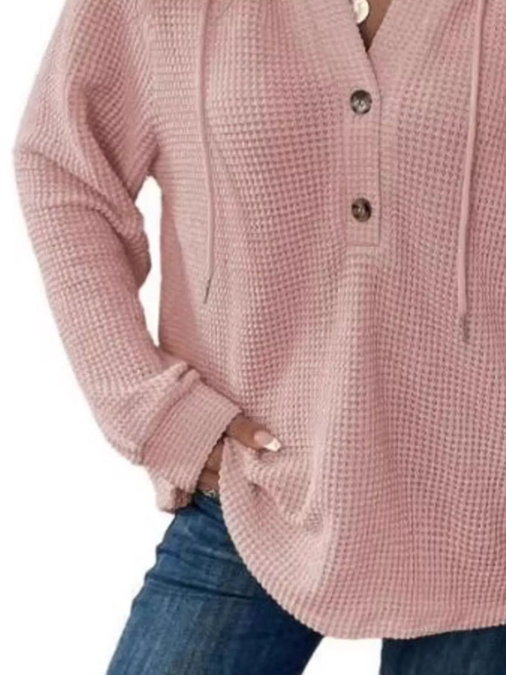 Full Size Button Detail Waffle Knit Hoodie Plus Size