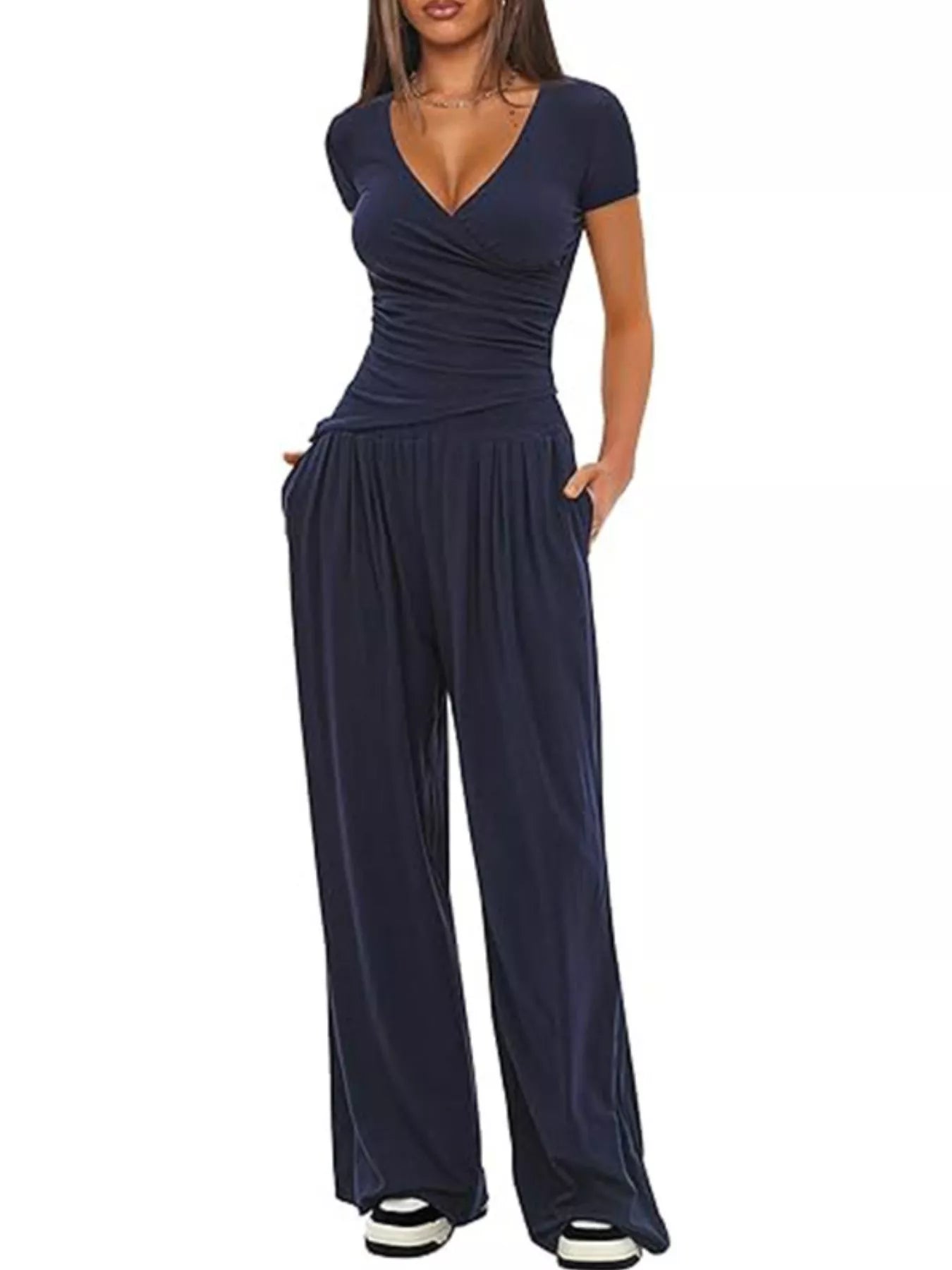Surplice Short Sleeve Top and Pants Set