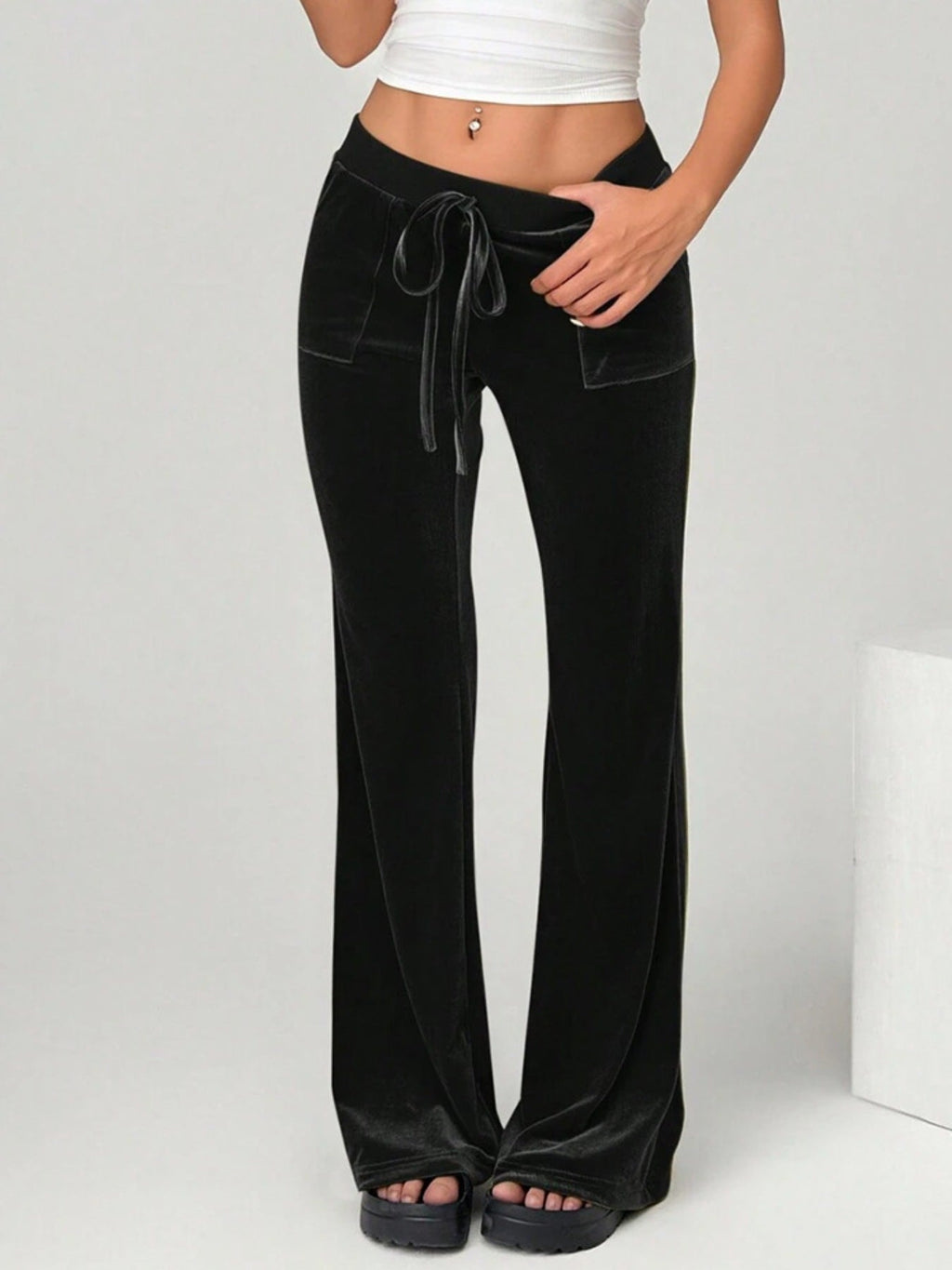 Velvet Flare Pants with Drawstring