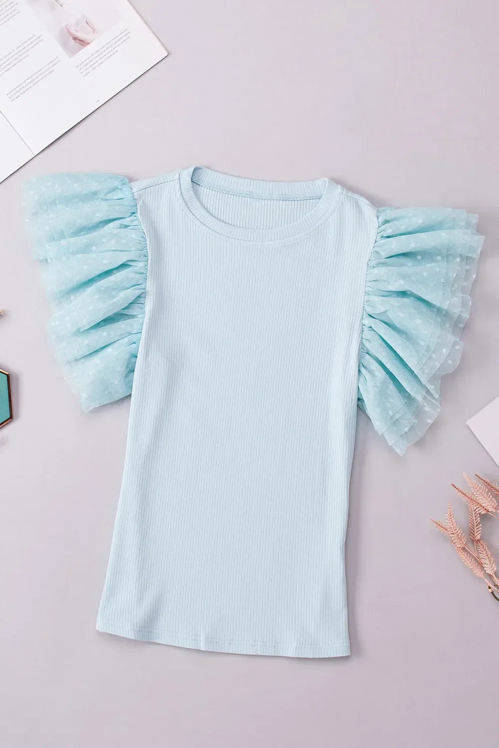 Ruffled Round Neck Cap Sleeve Top