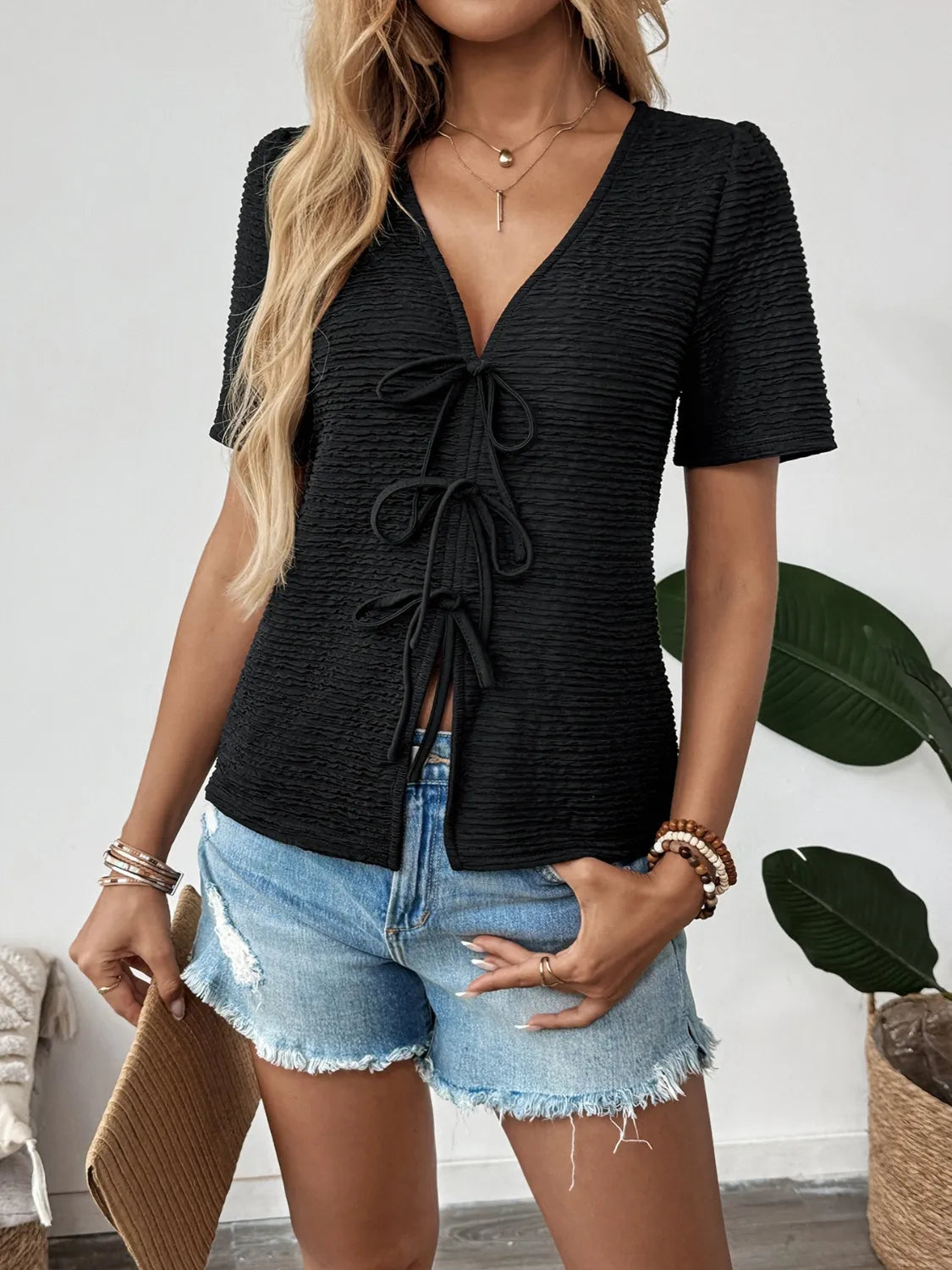 Tie Front V-Neck Blouse