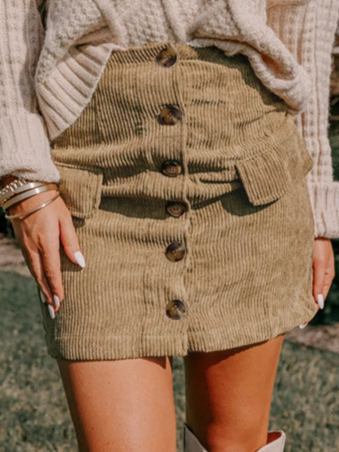 Corduroy Buttoned Front Mini Skirt