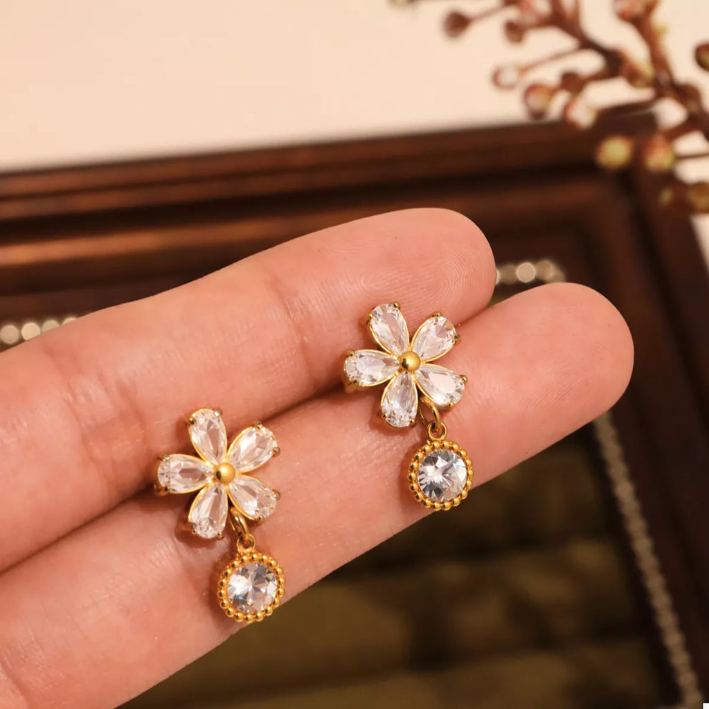 18K Gold-Plated Stainless Steel Zircon Flower Drop Earrings