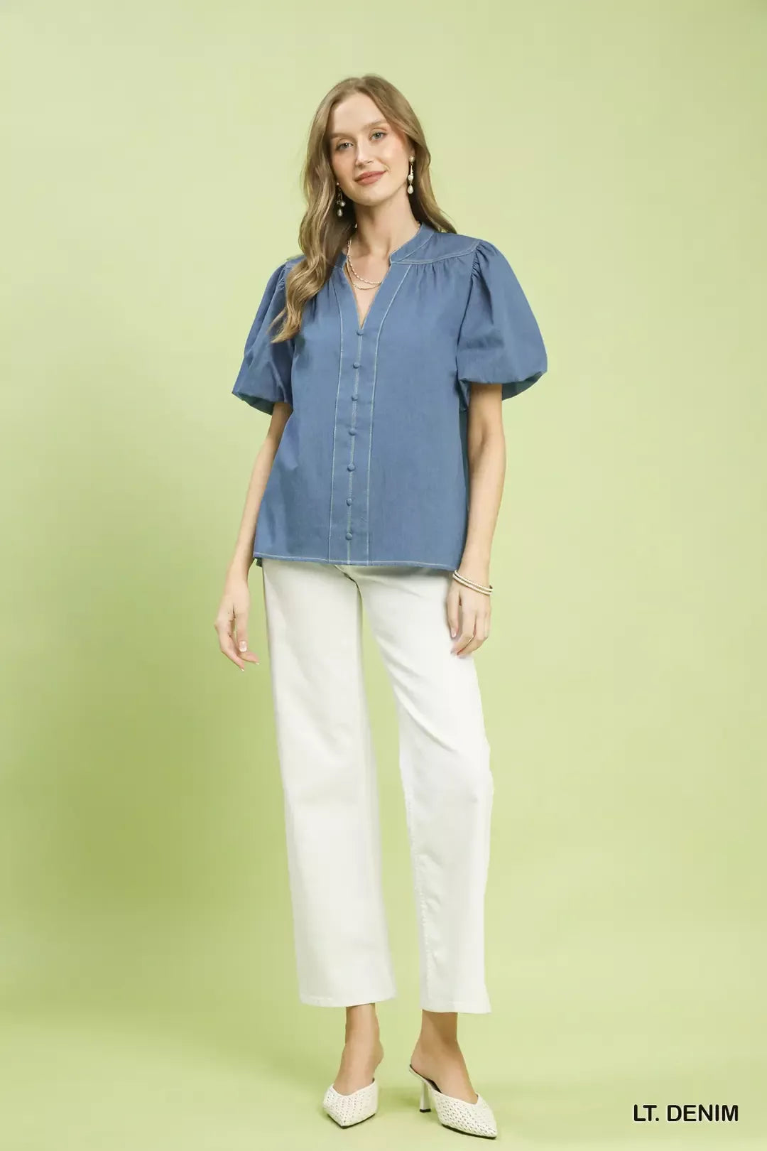 Umgee Denim Button Front Puff Sleeve Boho Blouse