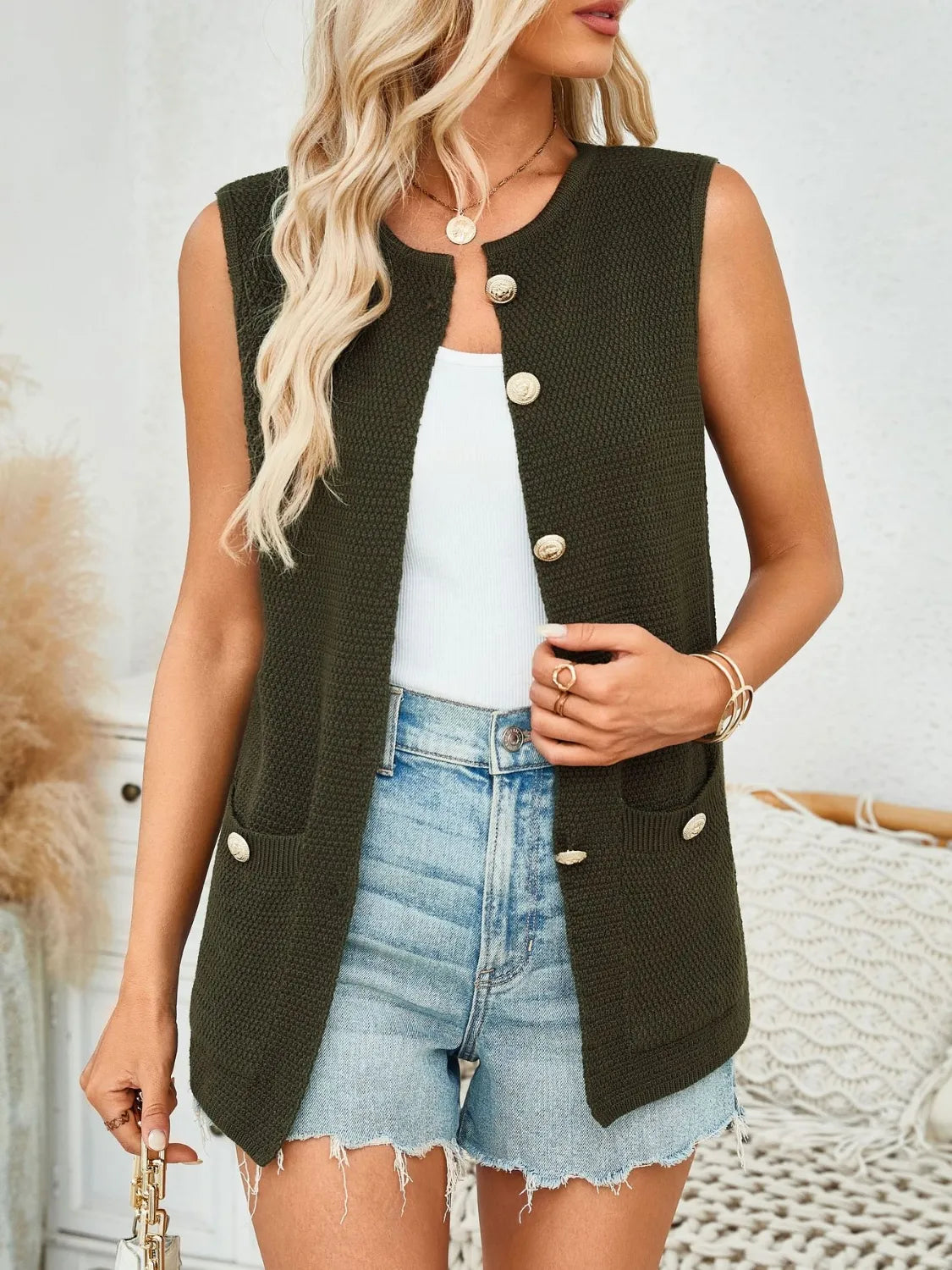Button Down Round Neck Knit Vest
