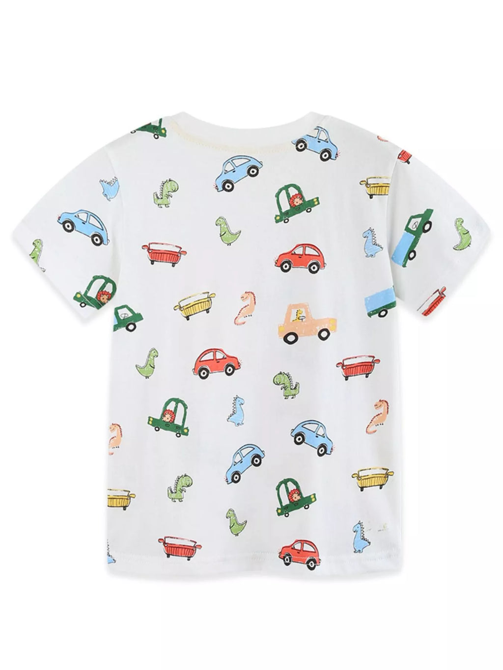 Children's Cartoon Car & Dinosaur Print Crew Neck Short Sleeve T-Shirt