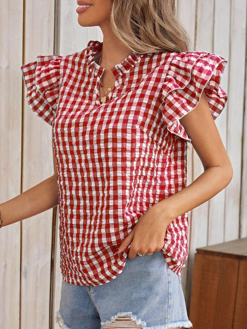 Gingham Ruffle Sleeve Blouse