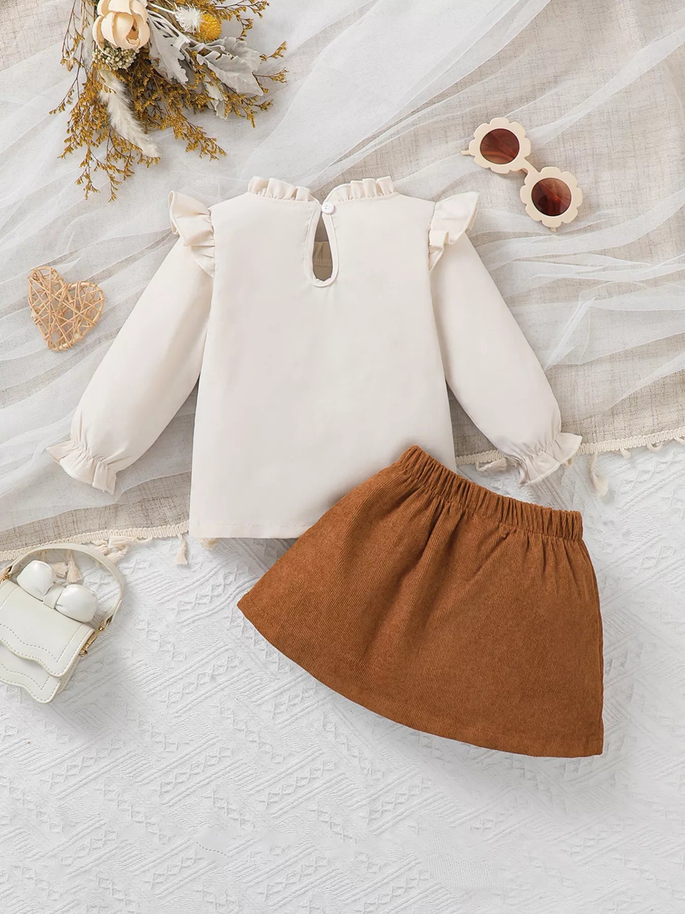 Children's Heart Ruffle Trim Top & Bow Decor Corduroy Skirt Set