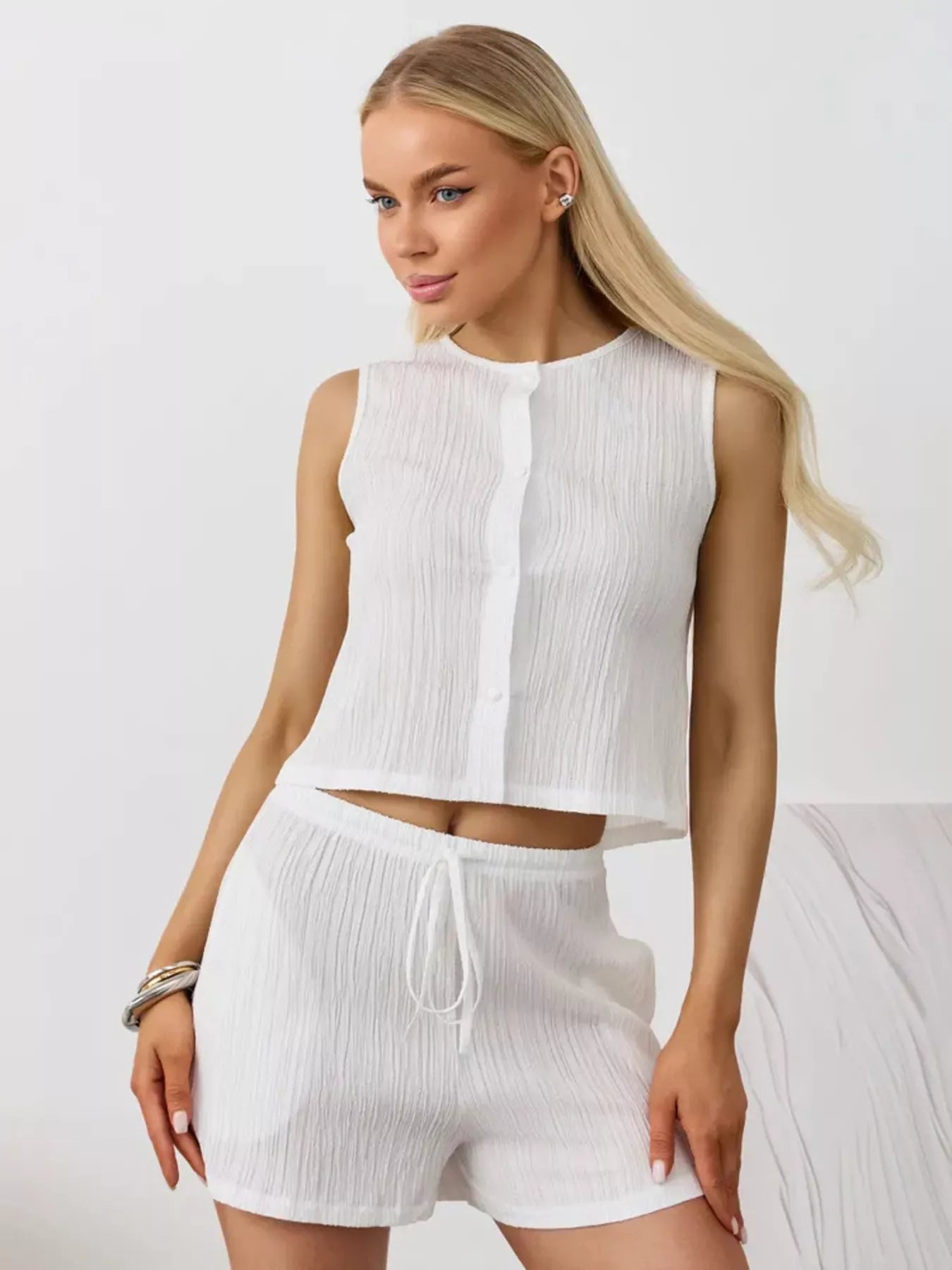 Textured Round Neck Tank and Shorts Set
