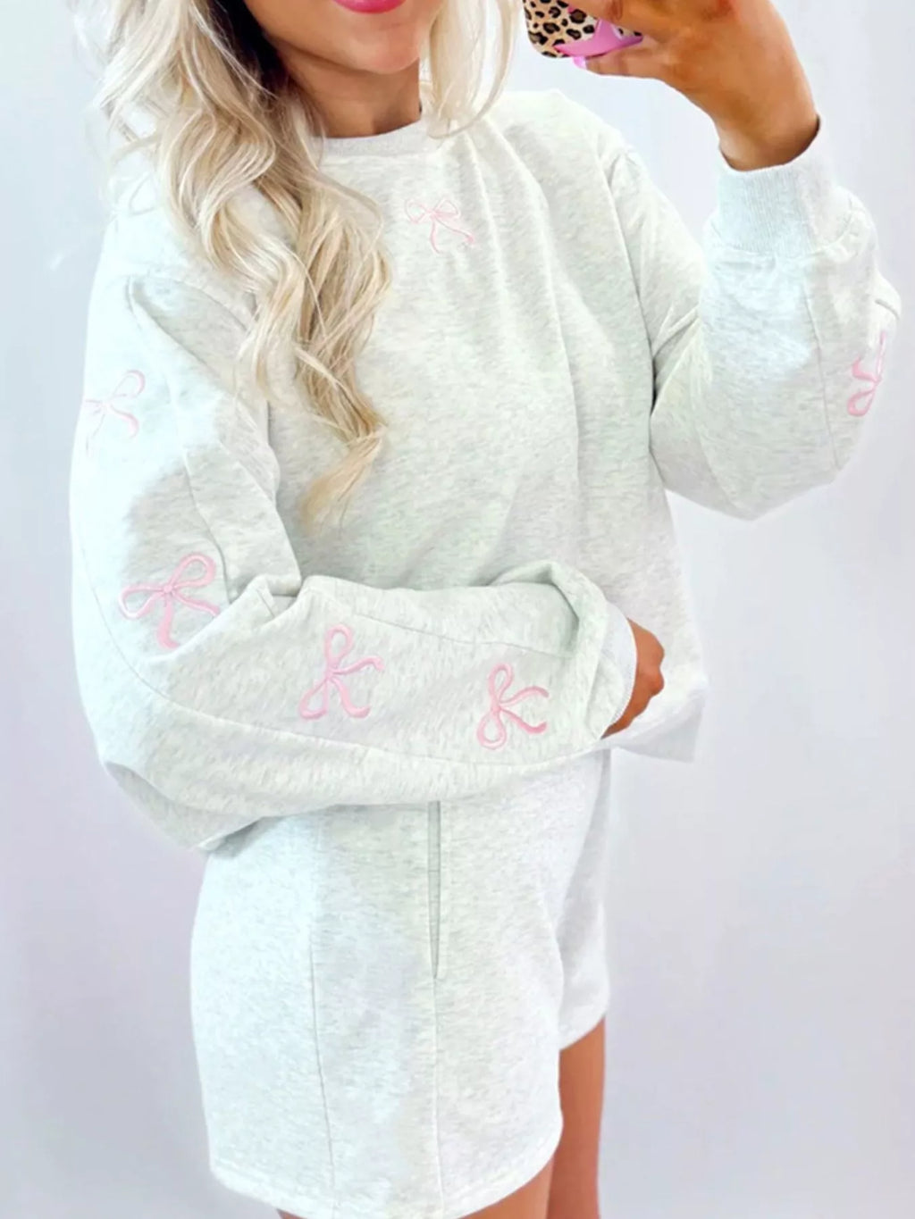 Bow Embroidered Round Neck Top and Shorts Set