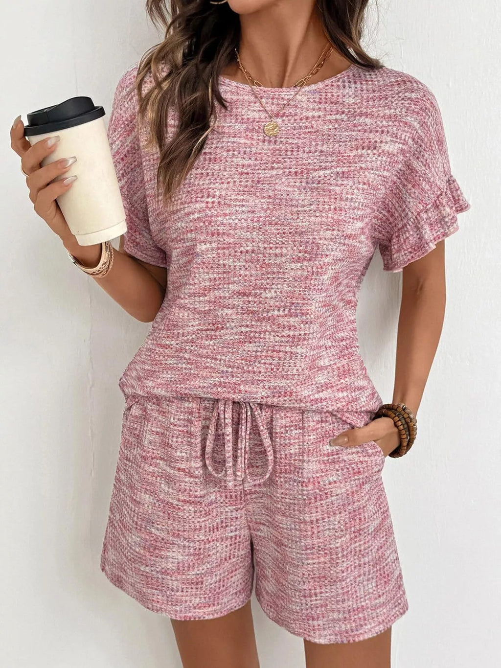 Ruffle Sleeve Textured Top and Shorts Set
