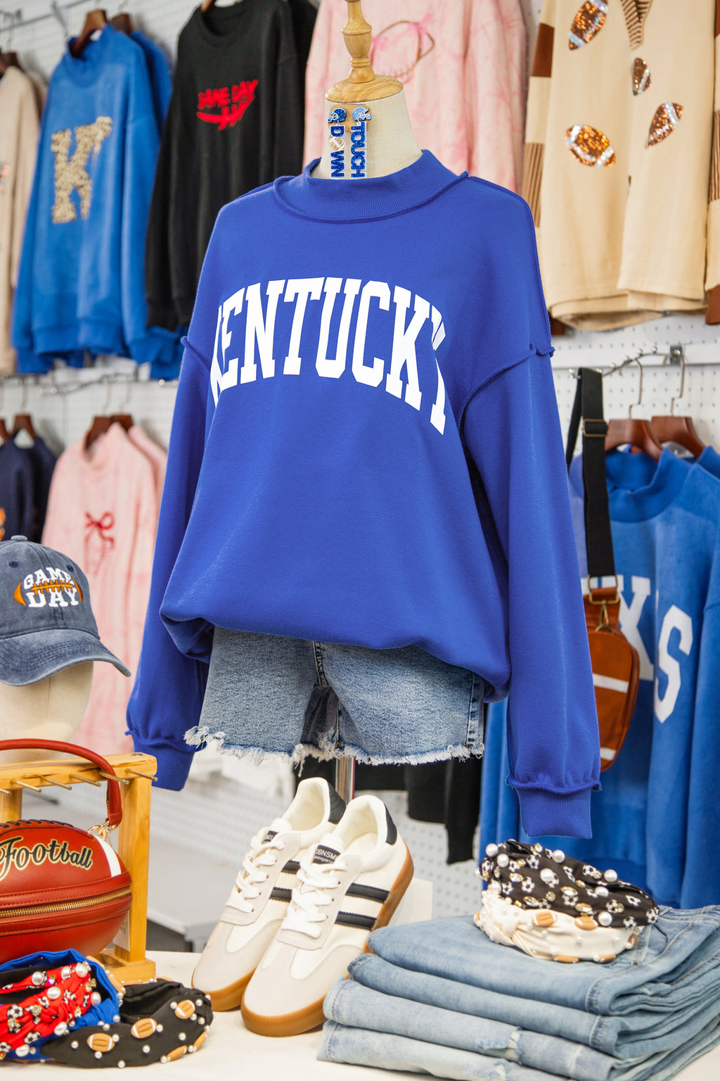 Dark Blue KENTUCKY Leopard KY Letter Print Reversible High Neck Sweatshirt
