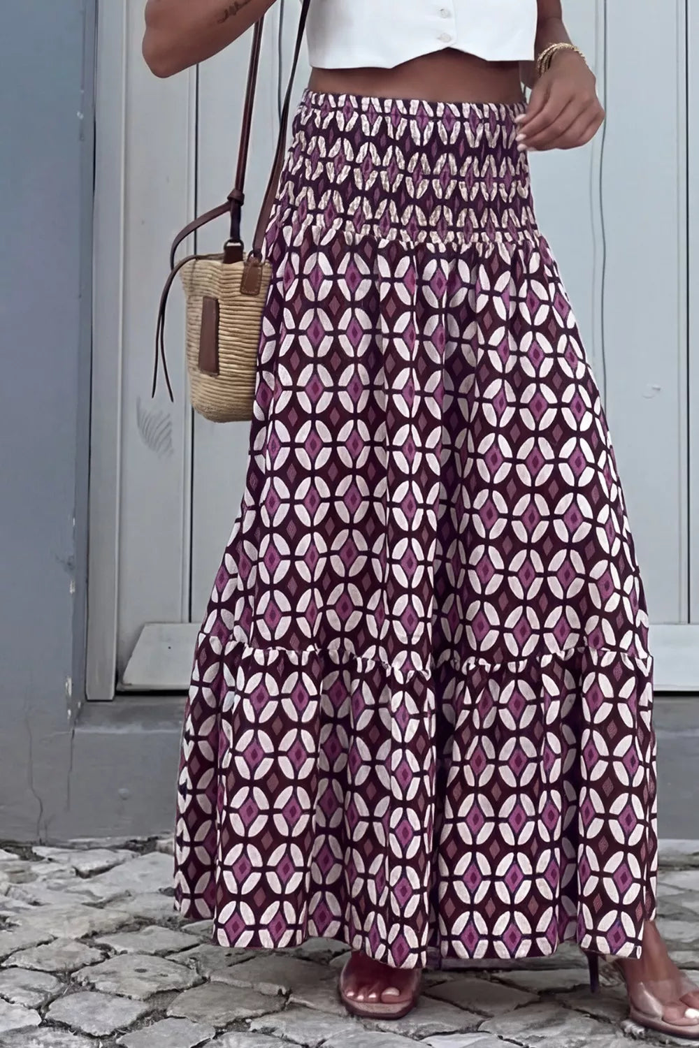 Geometric Print Smocked Waist Maxi Skirt