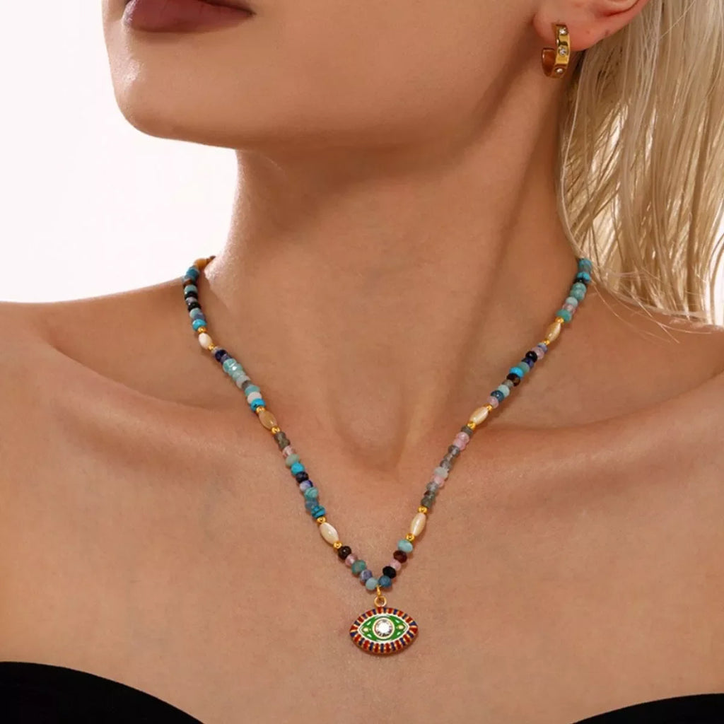 Zircon Bead Evil Eye Pendant Necklace