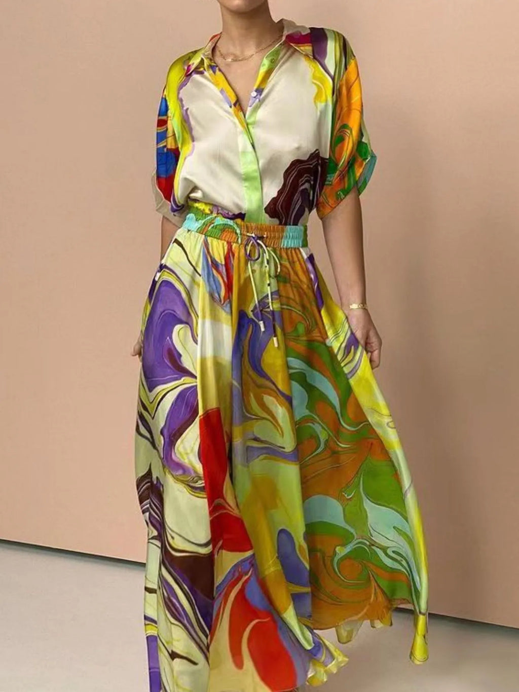 Printed Button Up Shirt and Skirt Set