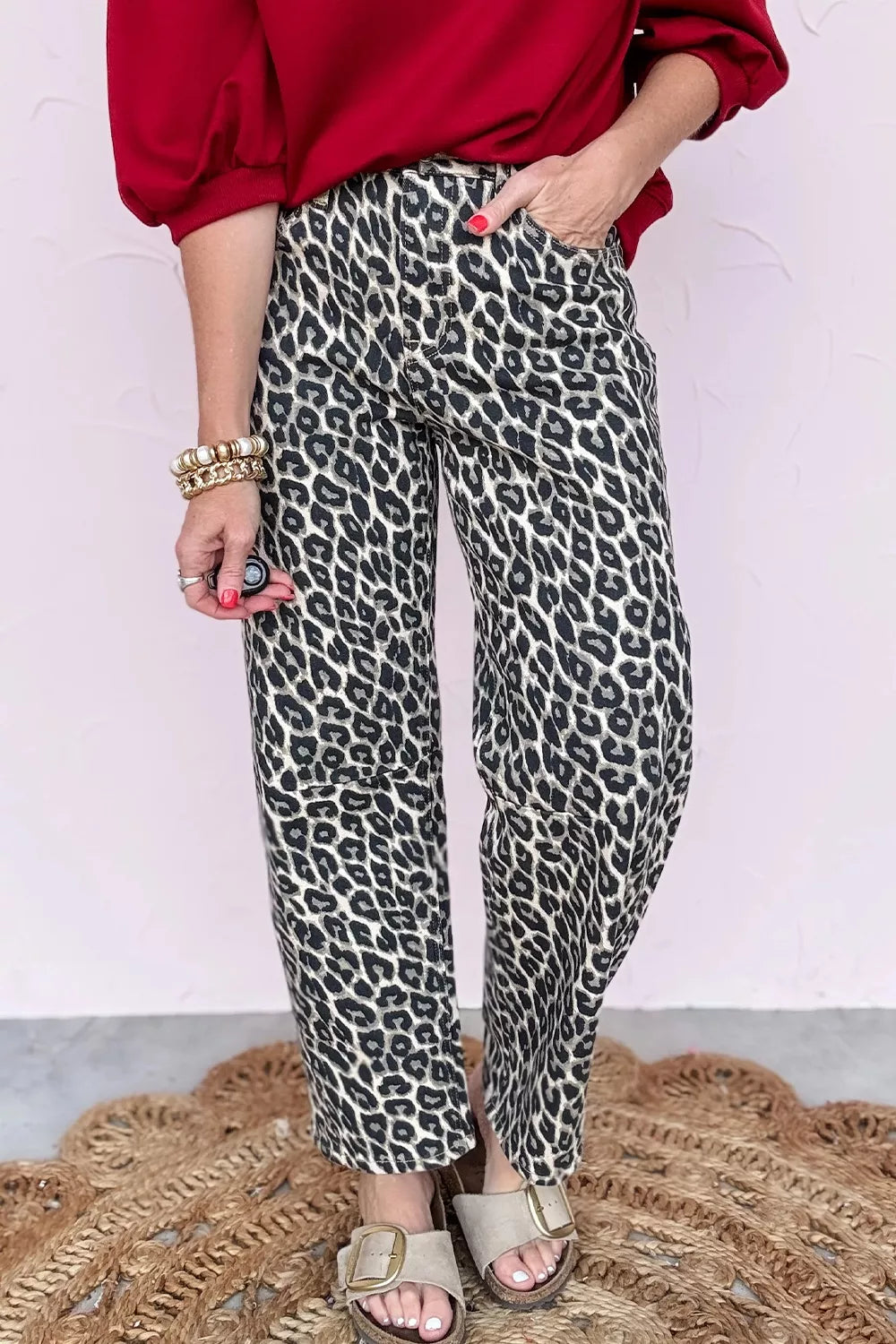 Leopard Print Barrel Jeans