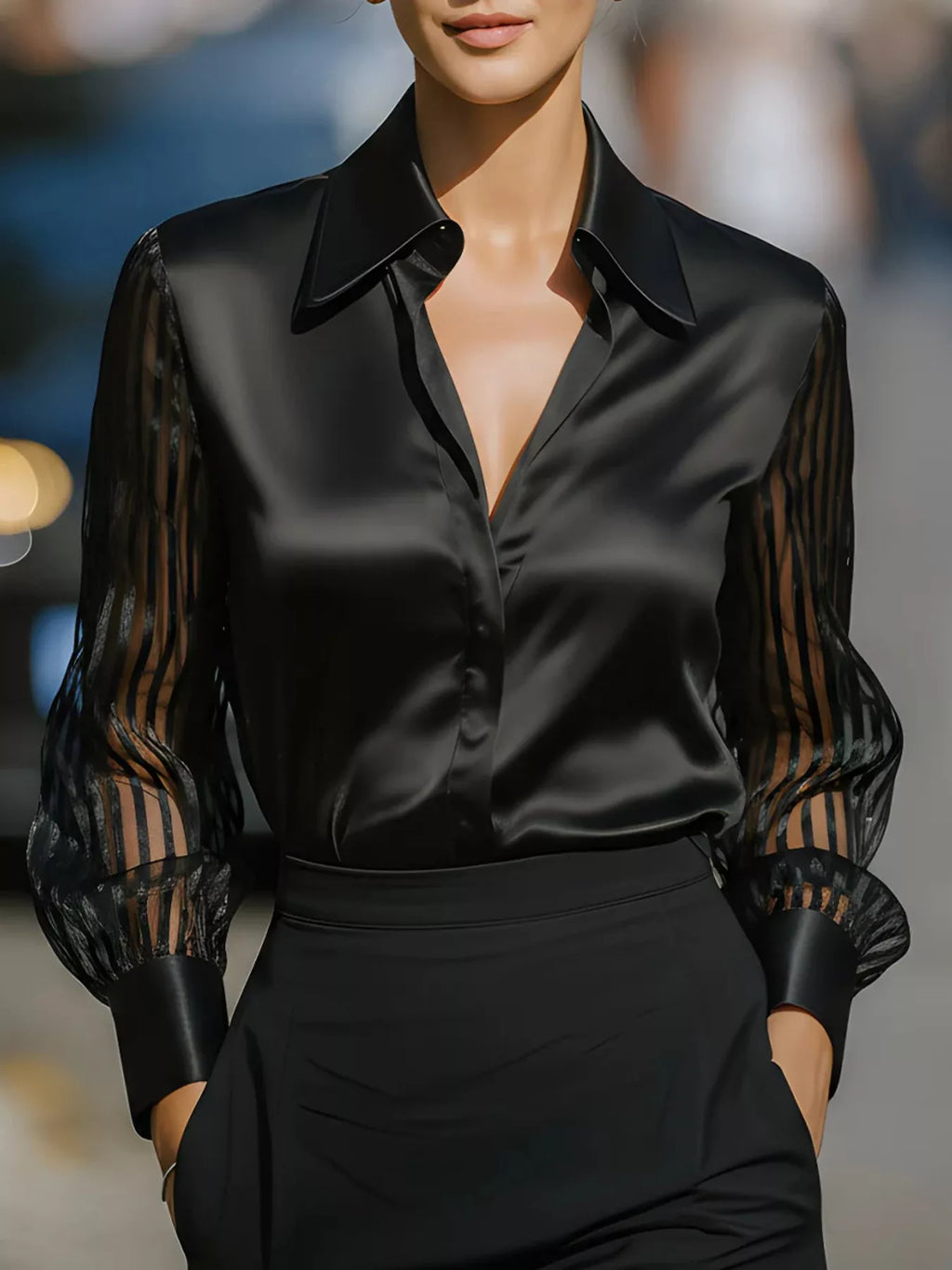 Collared Neck Sheer Sleeve Shirt