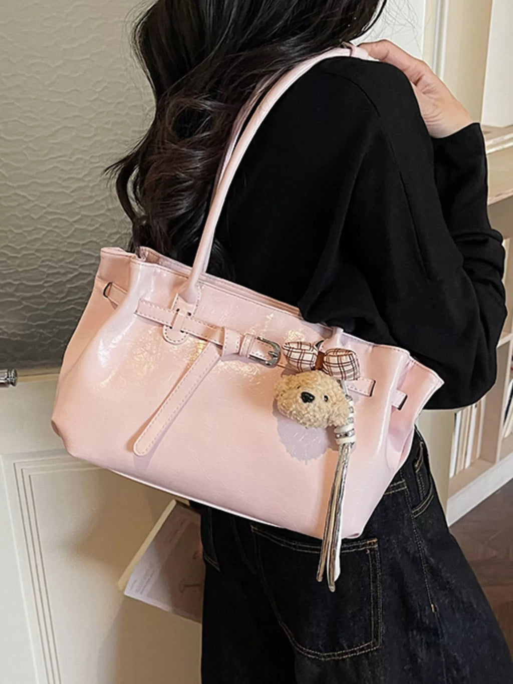 Leather Shoulder Bag with Dog Charm