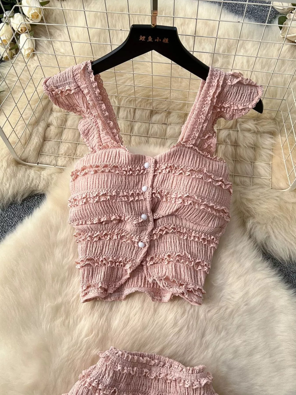Textured Crop Top and Tiered Skirt Set