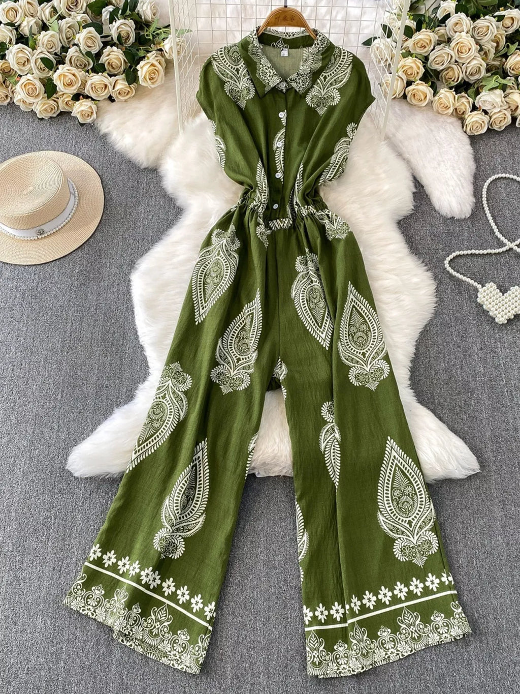 Button Front Wide Leg Jumpsuit