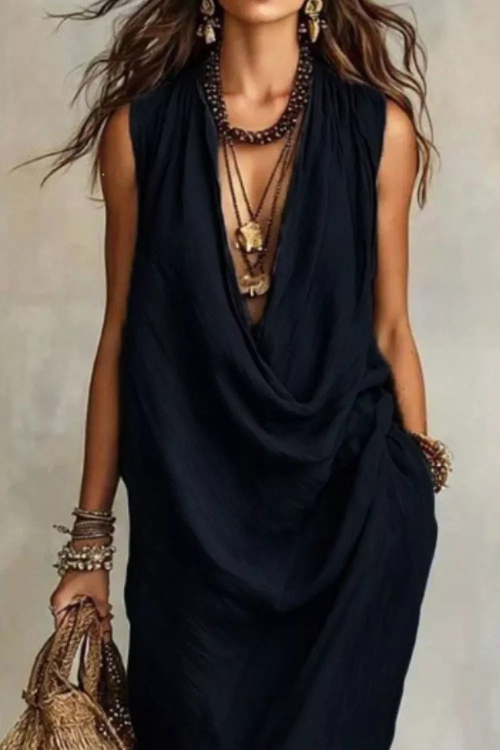 Sleeveless Drape Neck Midi Dress