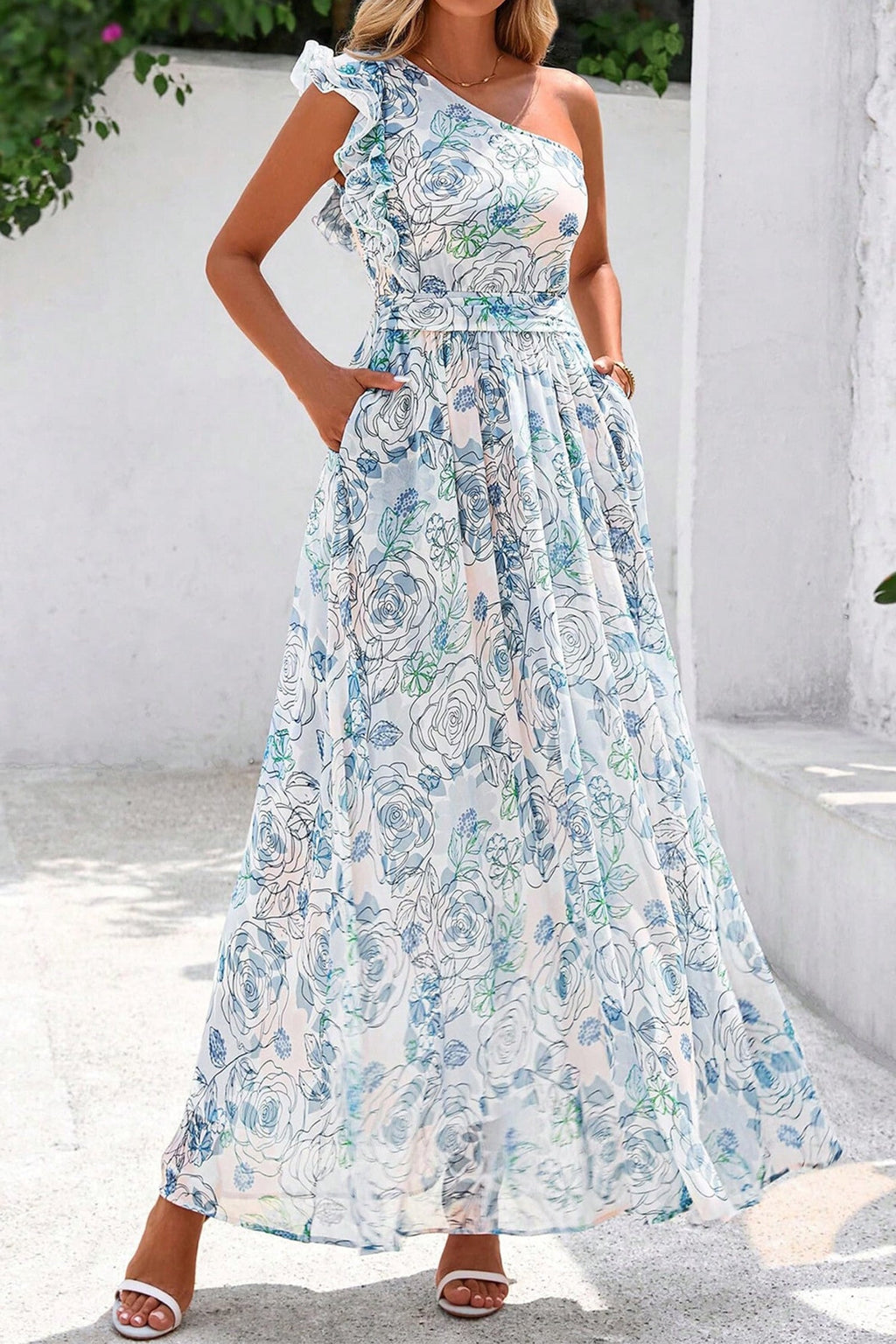 Floral Ruffle One Shoulder Maxi Dress