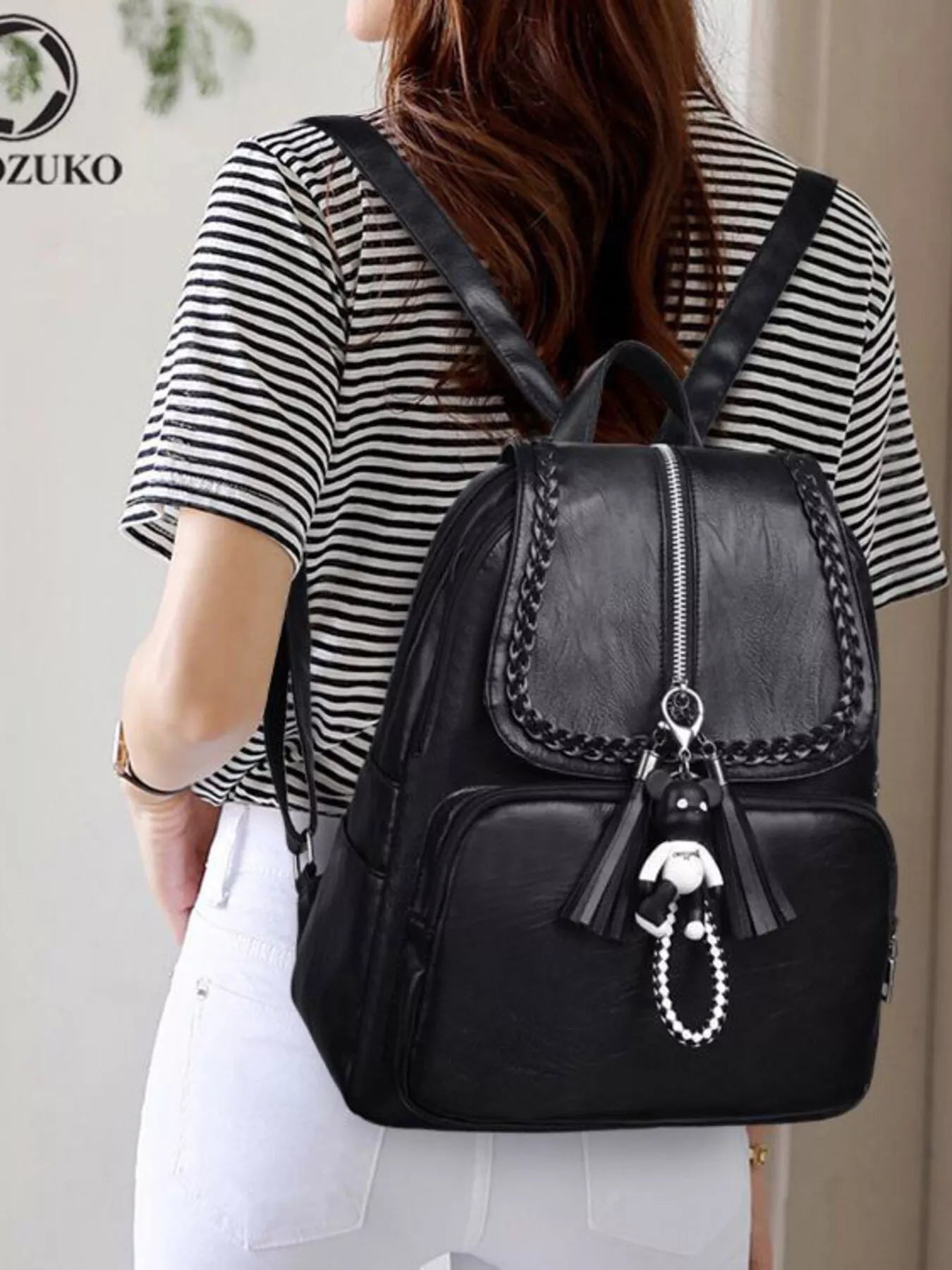 Braided Trim Leather Backpack Bag