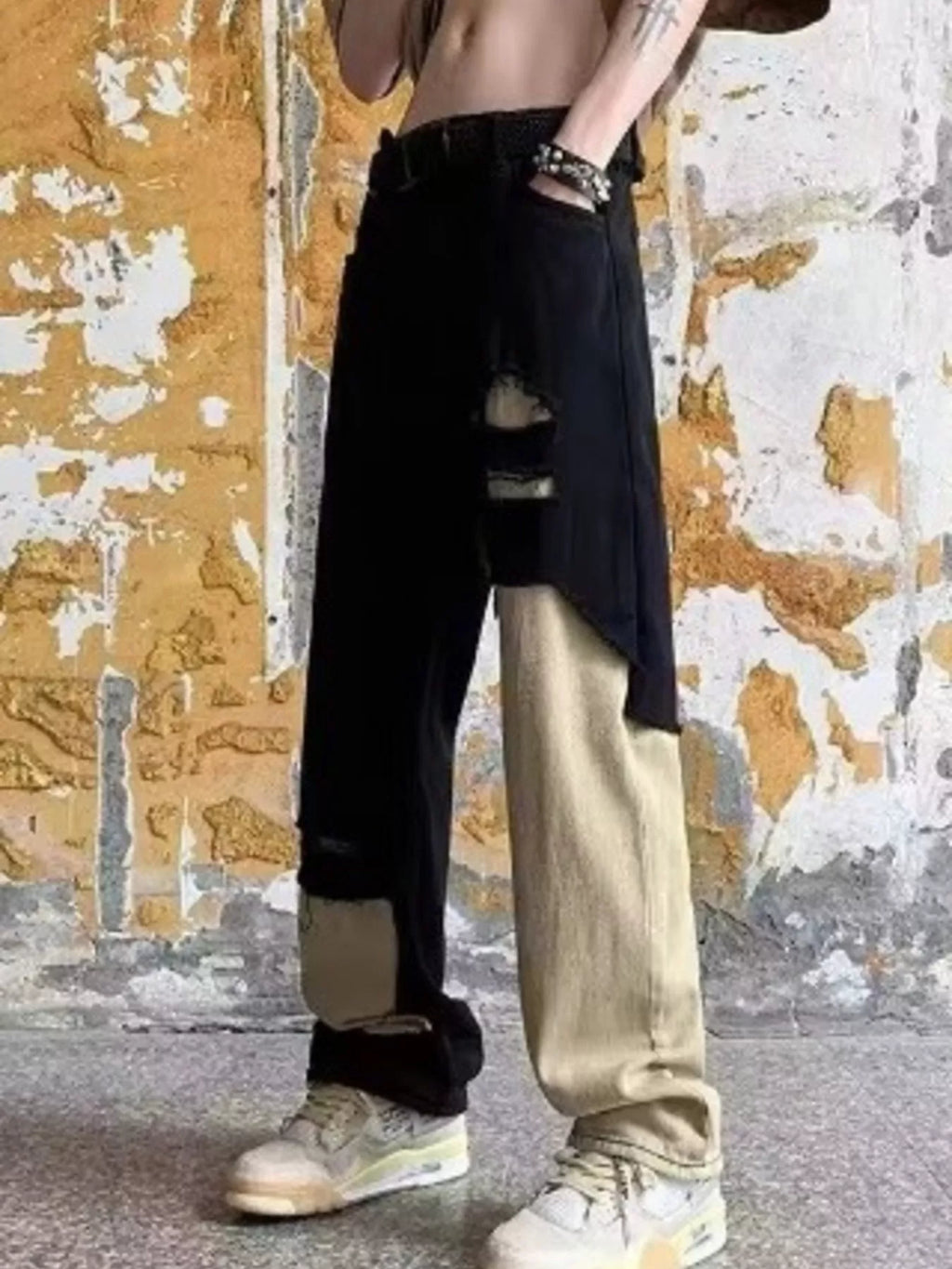 Men's Plus Size Two-Tone Ripped Wide Leg Jeans