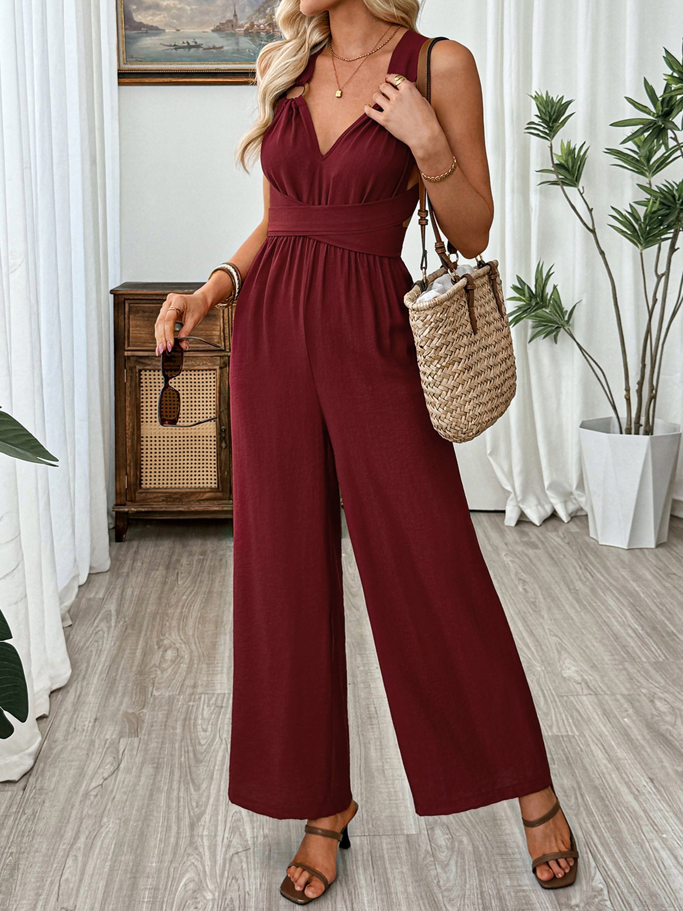 V-Neck Sleeveless Wide Leg Jumpsuit