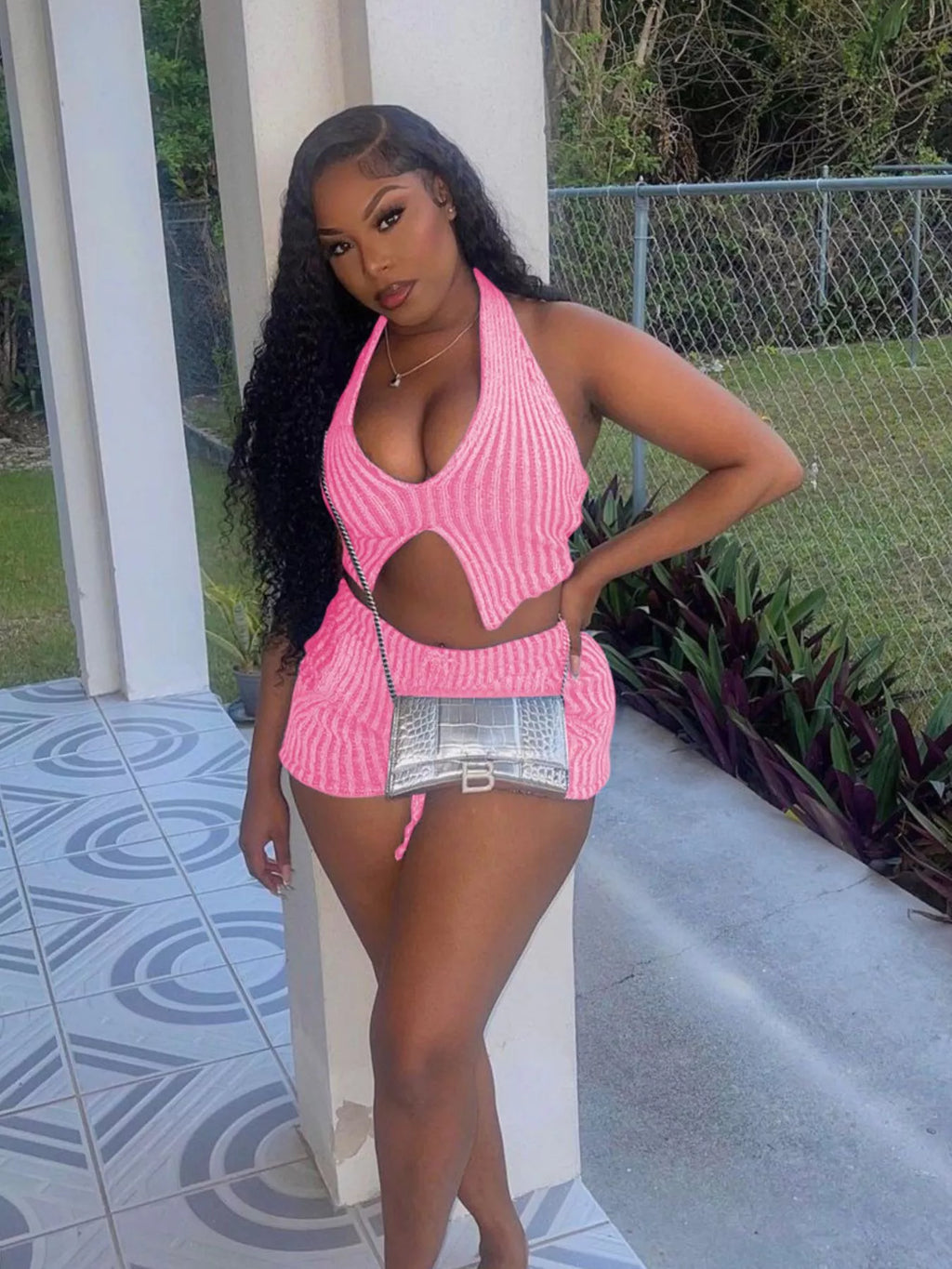Halter Neck Top and Shorts Sweater Set