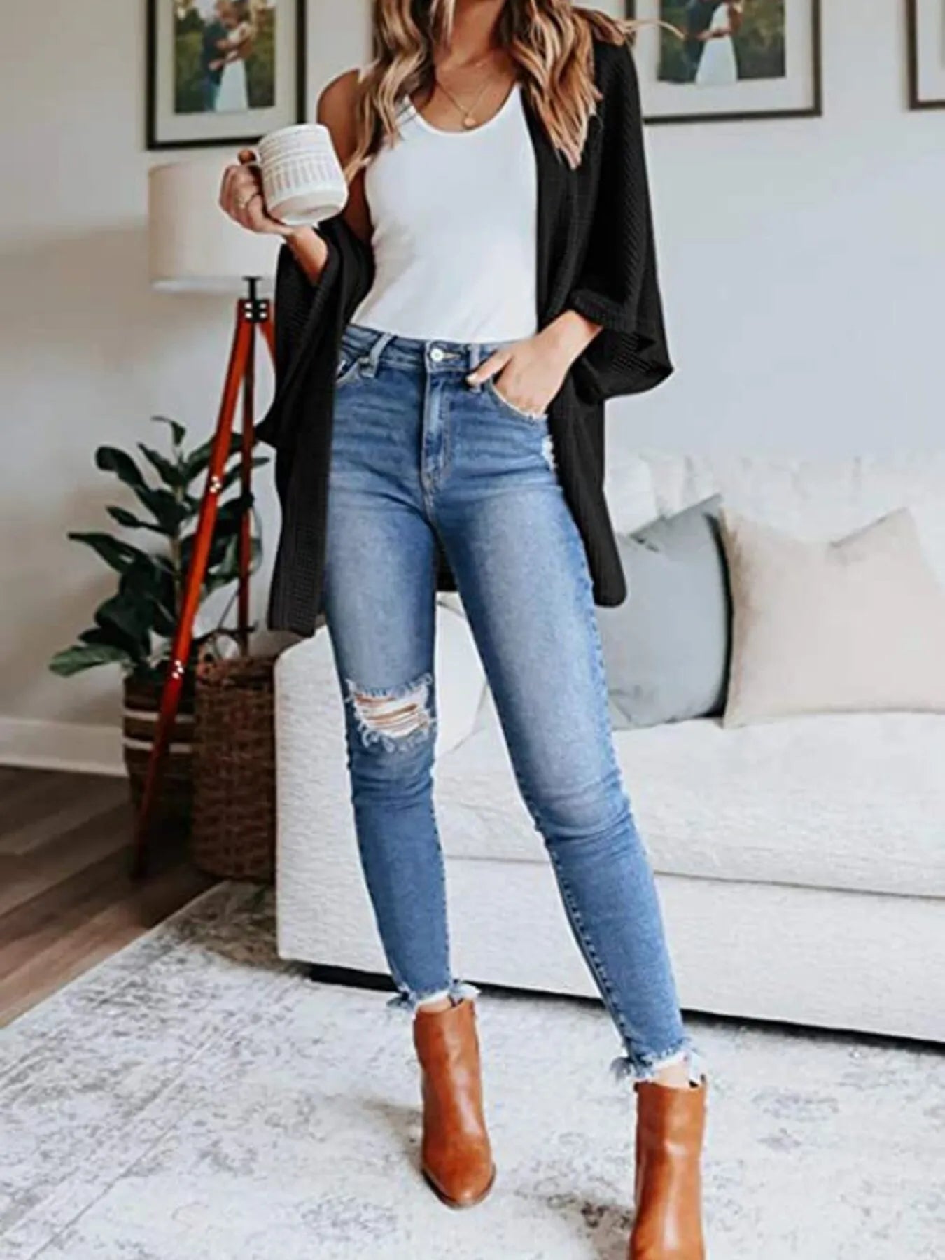 Full Size Open Front Waffle Knit Cardigan Plus Size