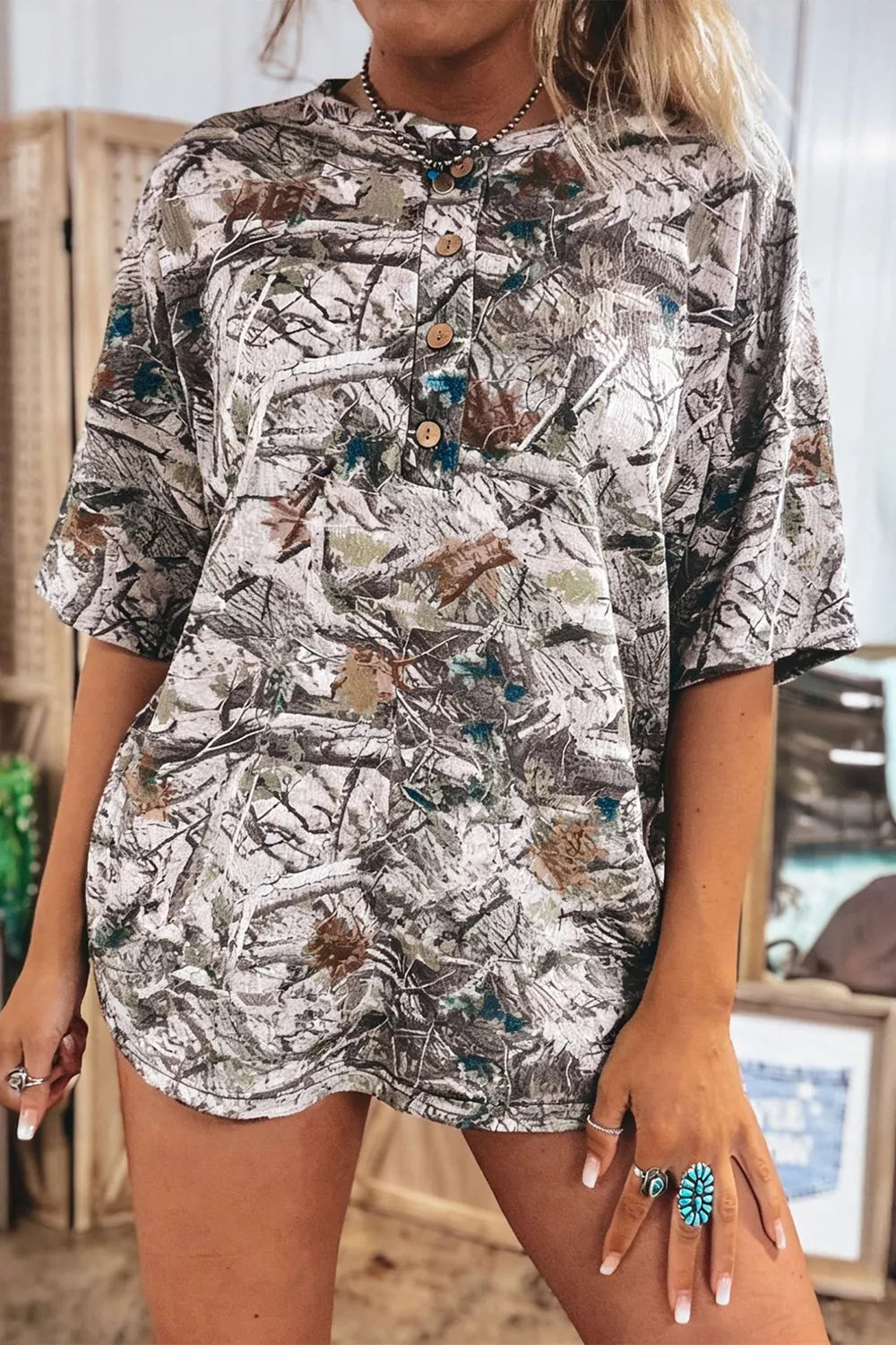 Abstract Woodland Print Tunic Henley T Shirt