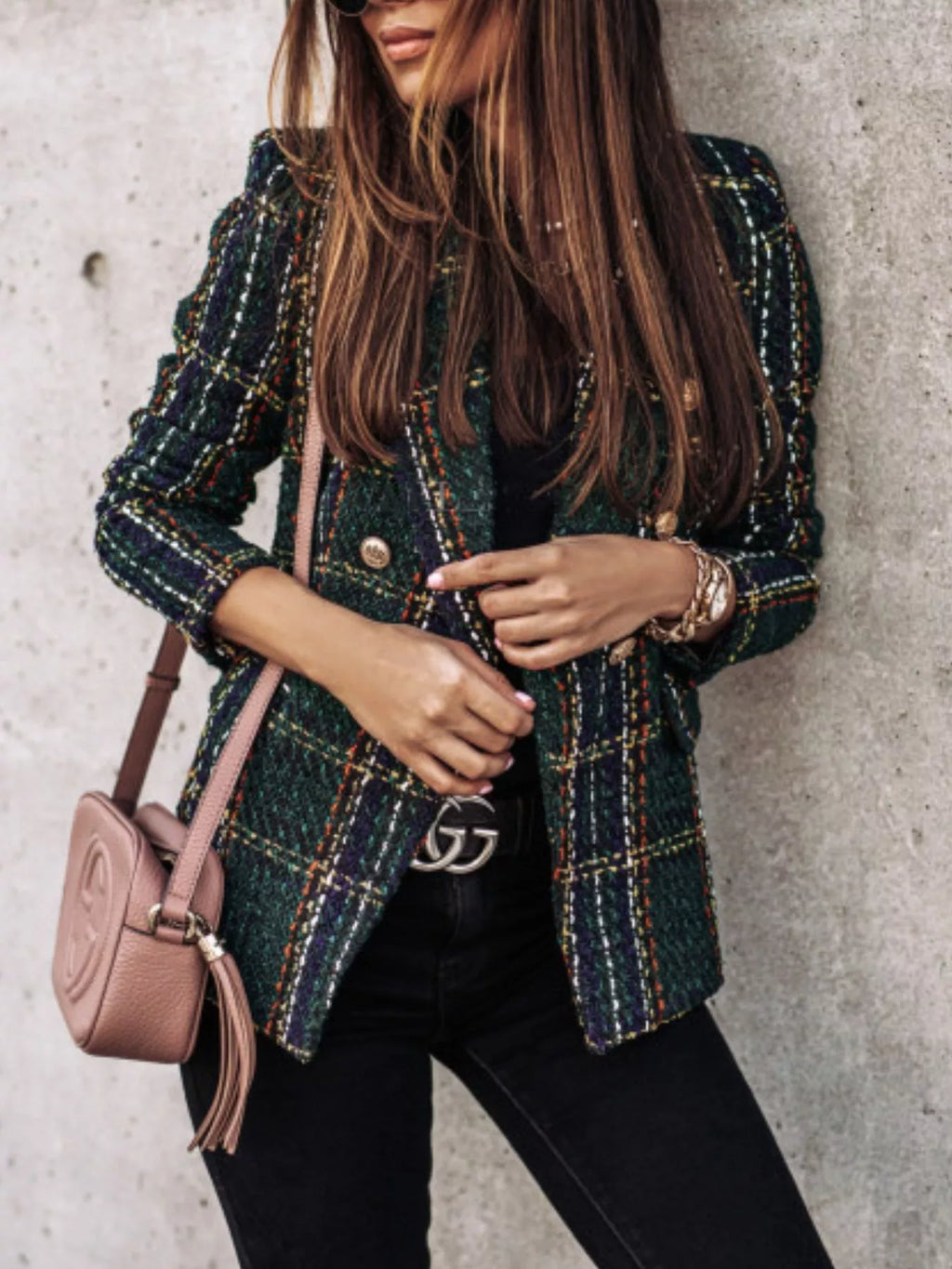Full Size Plaid Tweed Double-Breasted Blazer Plus Size